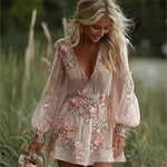 Womens Retro Bohemian Rose-Embroidered Linen Loose V-Neck Short Skirt