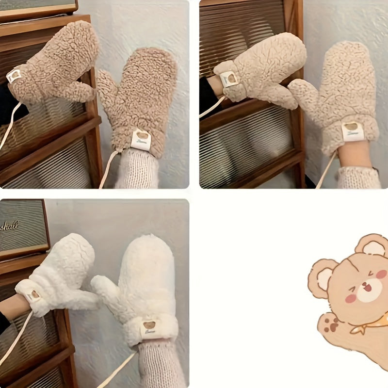Winter Fleece Mittens with Hanging Cord, Plush Lamb Lined Warm Gloves, Windproof Thermal Thickened for Outdoor Cycling and Going Out - Hand Washable Woven Craftsmanship, Elastic Fit