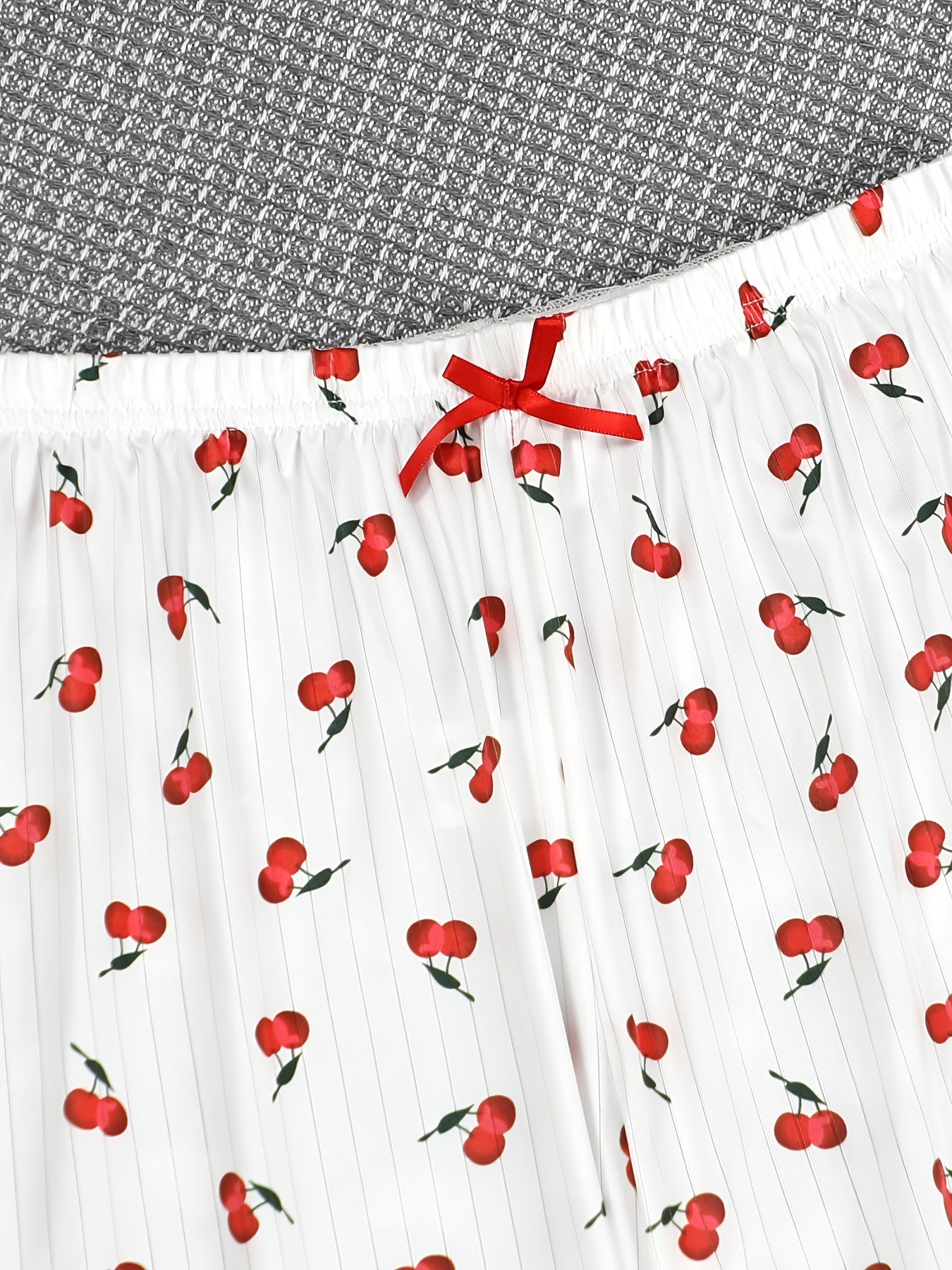 [Cherry Print Knit Pullover Pajama] Women'S Elegant Cherry Print Pajama Set, Sexy Spaghetti Strap Backless Long Pants, Knit Fabric Pullovers with Contrast Mesh, Polyester 95% Elastane 5%, Spring/Summer/Fall Sleepwear