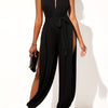 Womens Elegant Wide Leg Sleeveless Jumpsuit - Plunging Neck, Micro Elasticity, Polyester Fabric, Machine Washable, Solid Color, All Season - Perfect for Spring and Summer