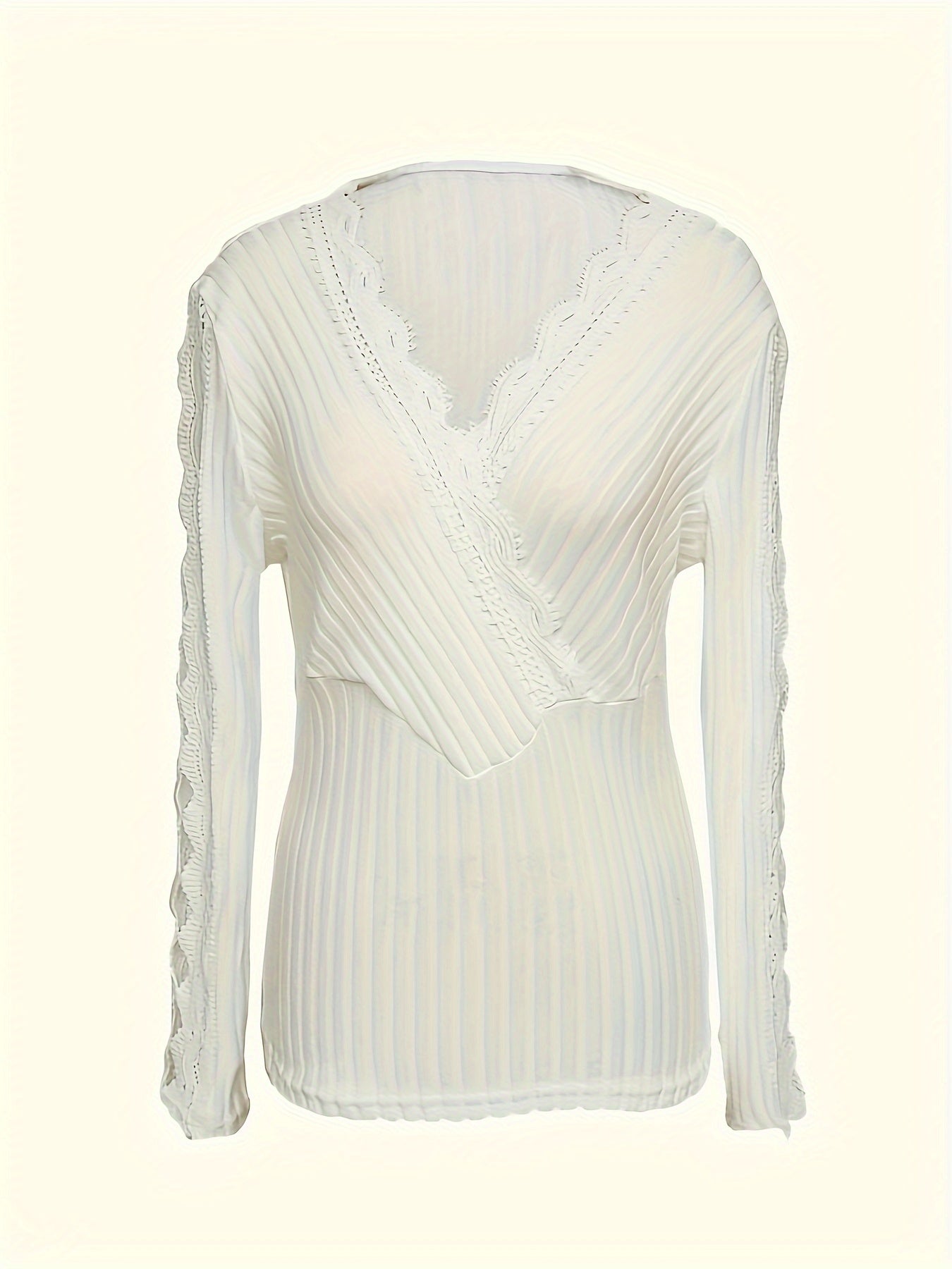 Contrast Lace Surplice Neck Rib Knit Top, Casual Long Sleeve Top For Spring & Fall, Women's Clothing