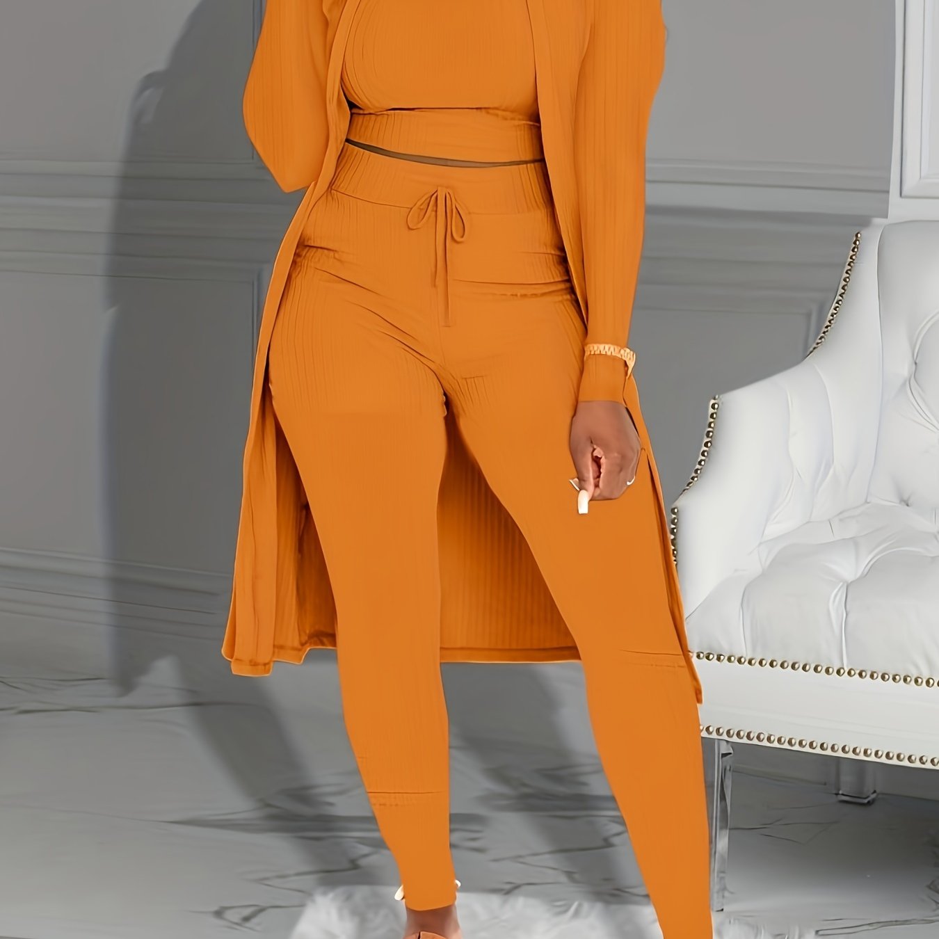 Three-piece Set of Ribbed Solid Casual Outfits, Open Front Long Sleeve Cardigan & Tank Top & Lace Up Pants, Women's Clothing