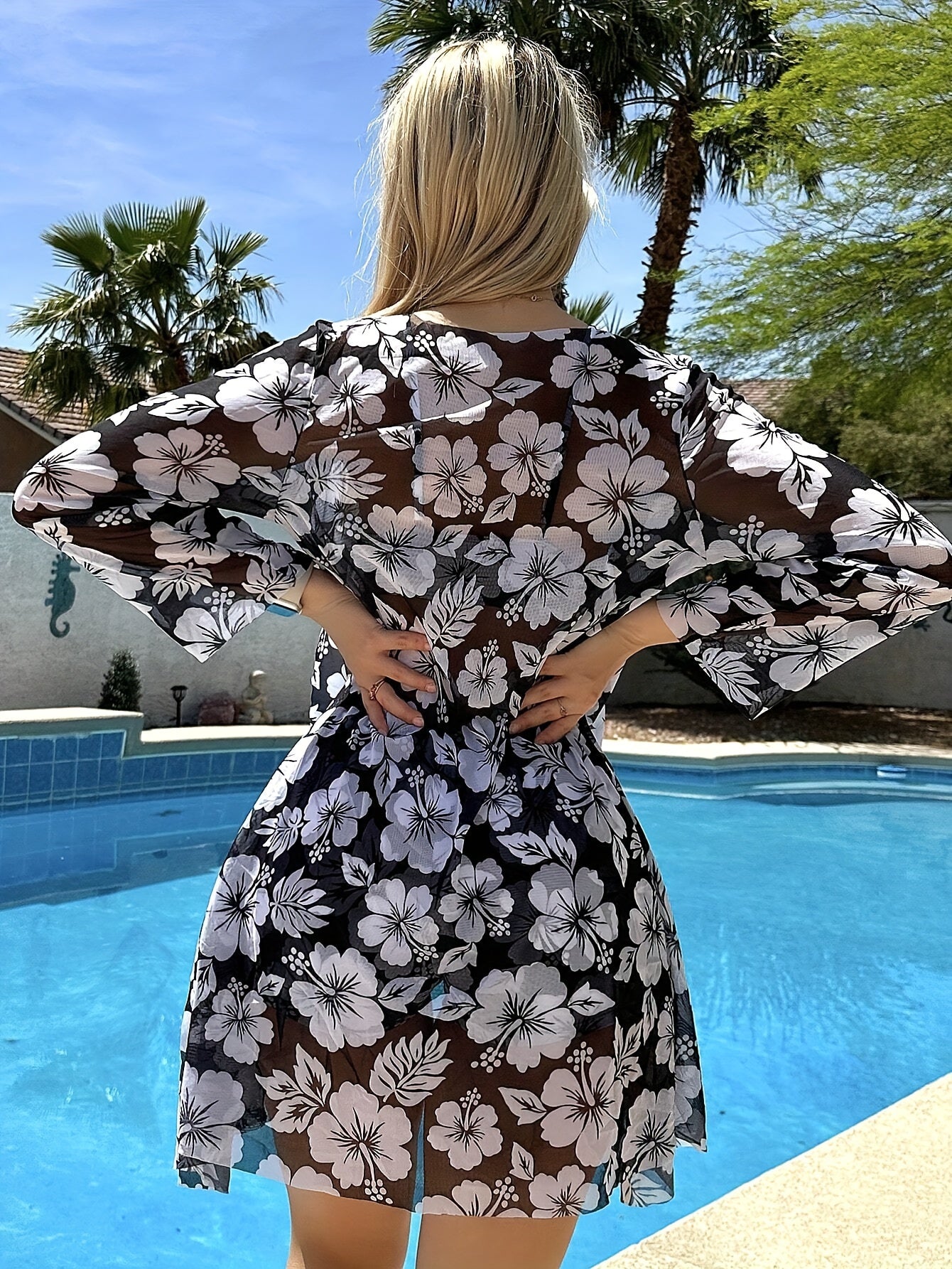 Floral Pattern 3 Piece Set Bikini, Drawstring V Neck Boxer Short Bottom With Long Sleeves Cover Up Shirt Swimsuits, Women's Swimwear & Clothing