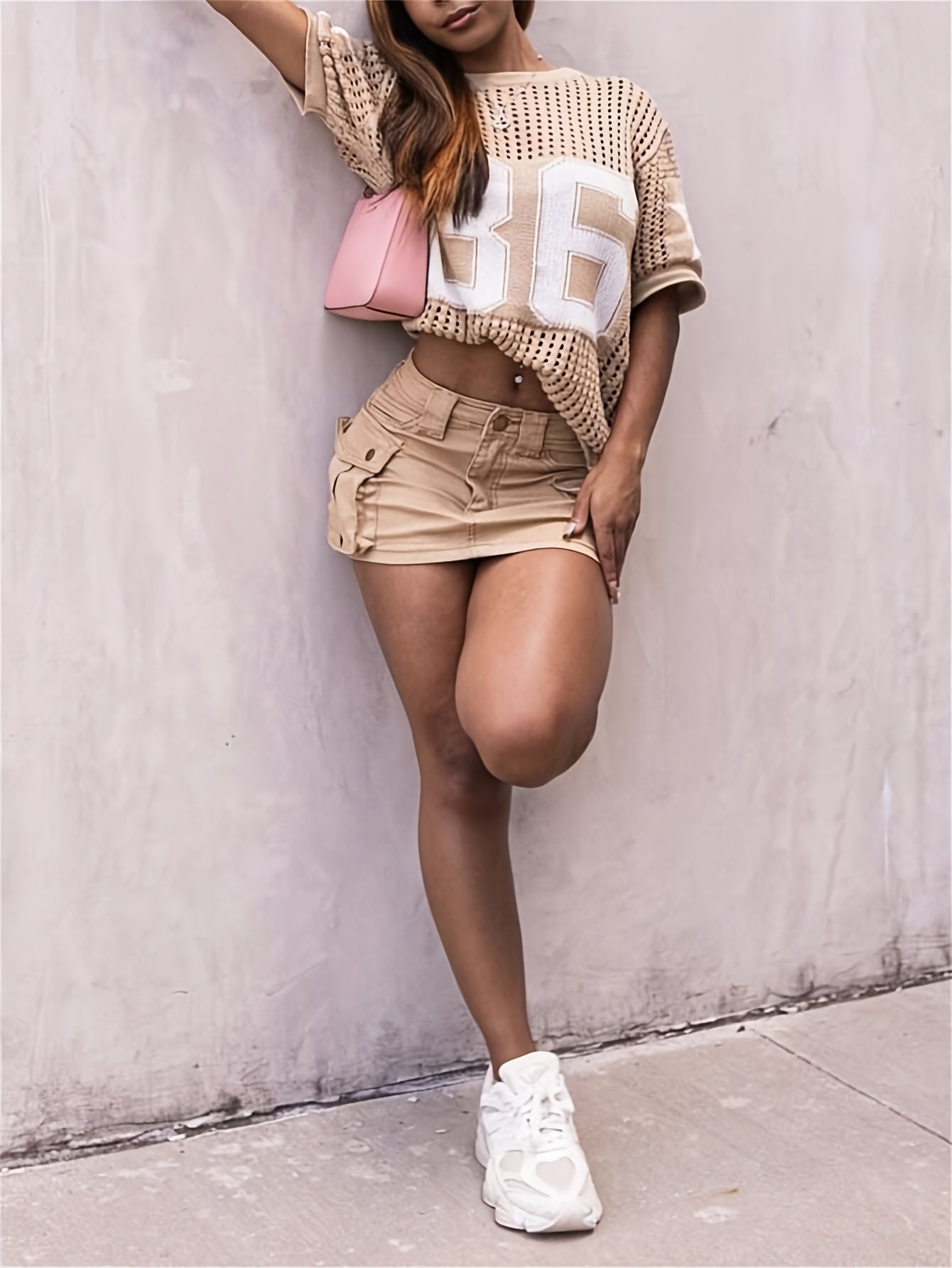 Kolliey Summer Street Style Number 86 Colorblock Top - Casual O-Neck, Breathable & Skin-Friendly Pullover for Women, Beige & Pink Geometric Design, Lightweight Polyester, Perfect for Casual Attir