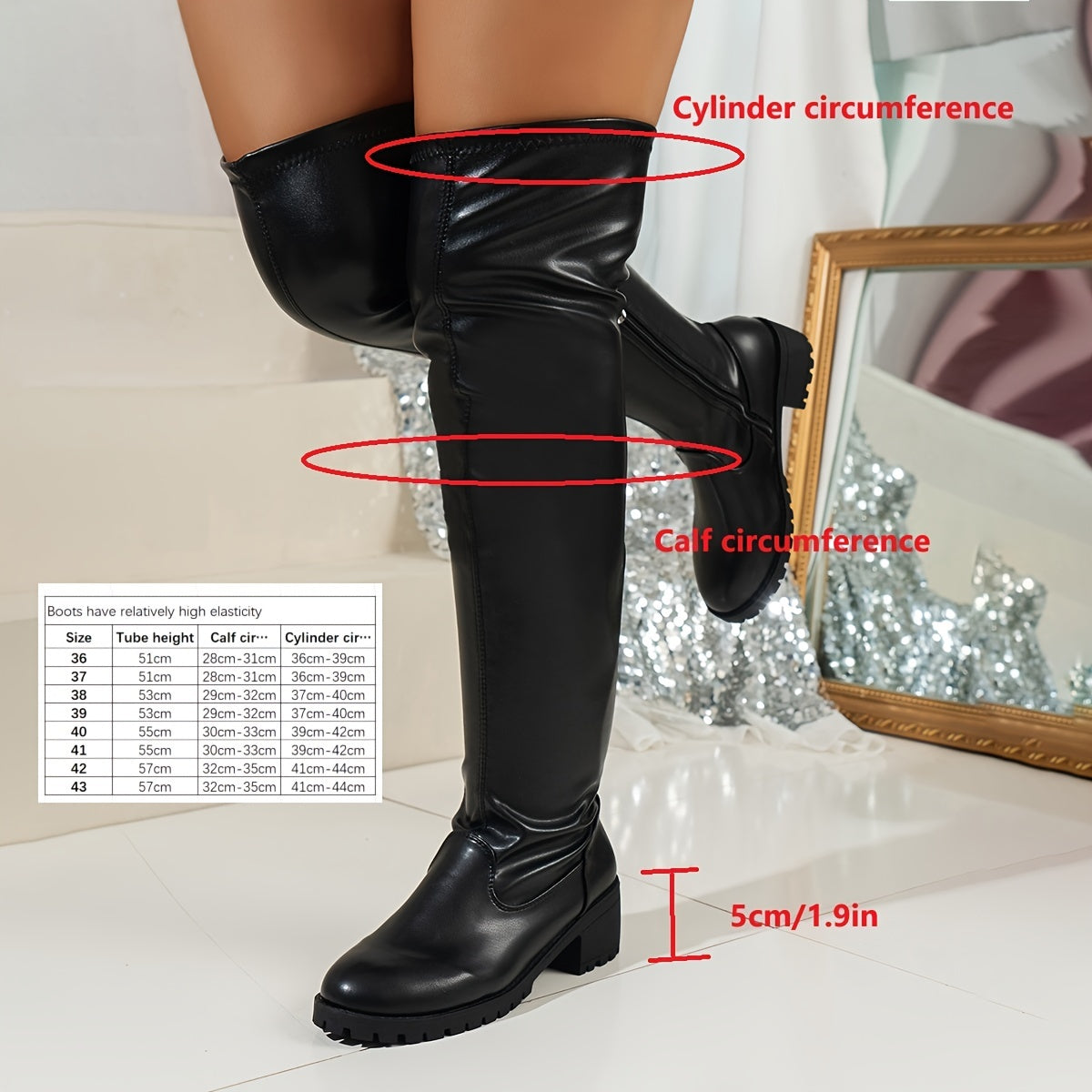 2024 New Women's Fashion High Heel Over Knee Boots Round Toe Thick Heel Side Zipper Elastic Women's Boots