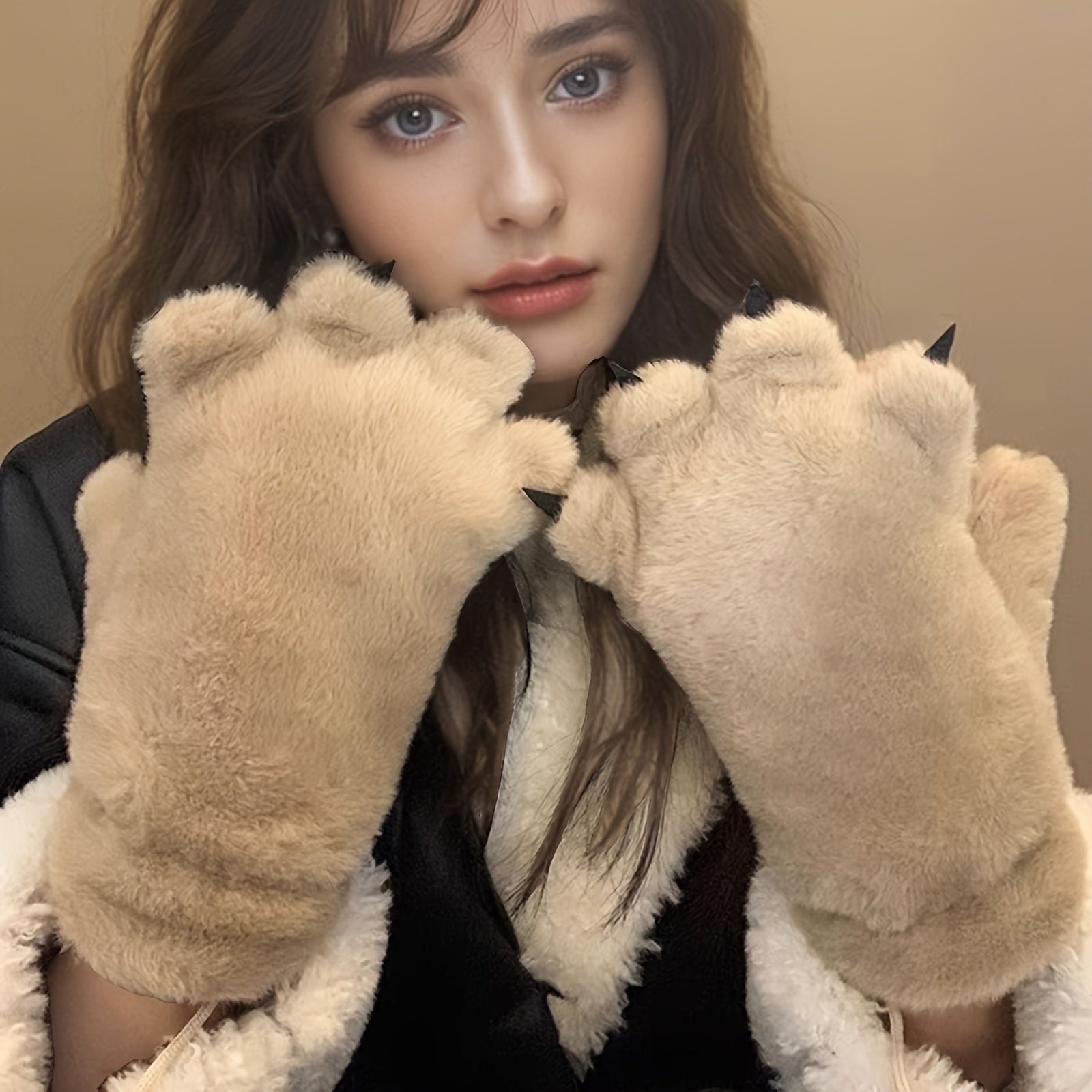 Cozy Cat Paw Plush Mittens - Ultra-Warm, Windproof Thick Fleece Gloves with Cute Animal Design for Cycling, Skiing & Outdoor Activities, White with Brown Accents