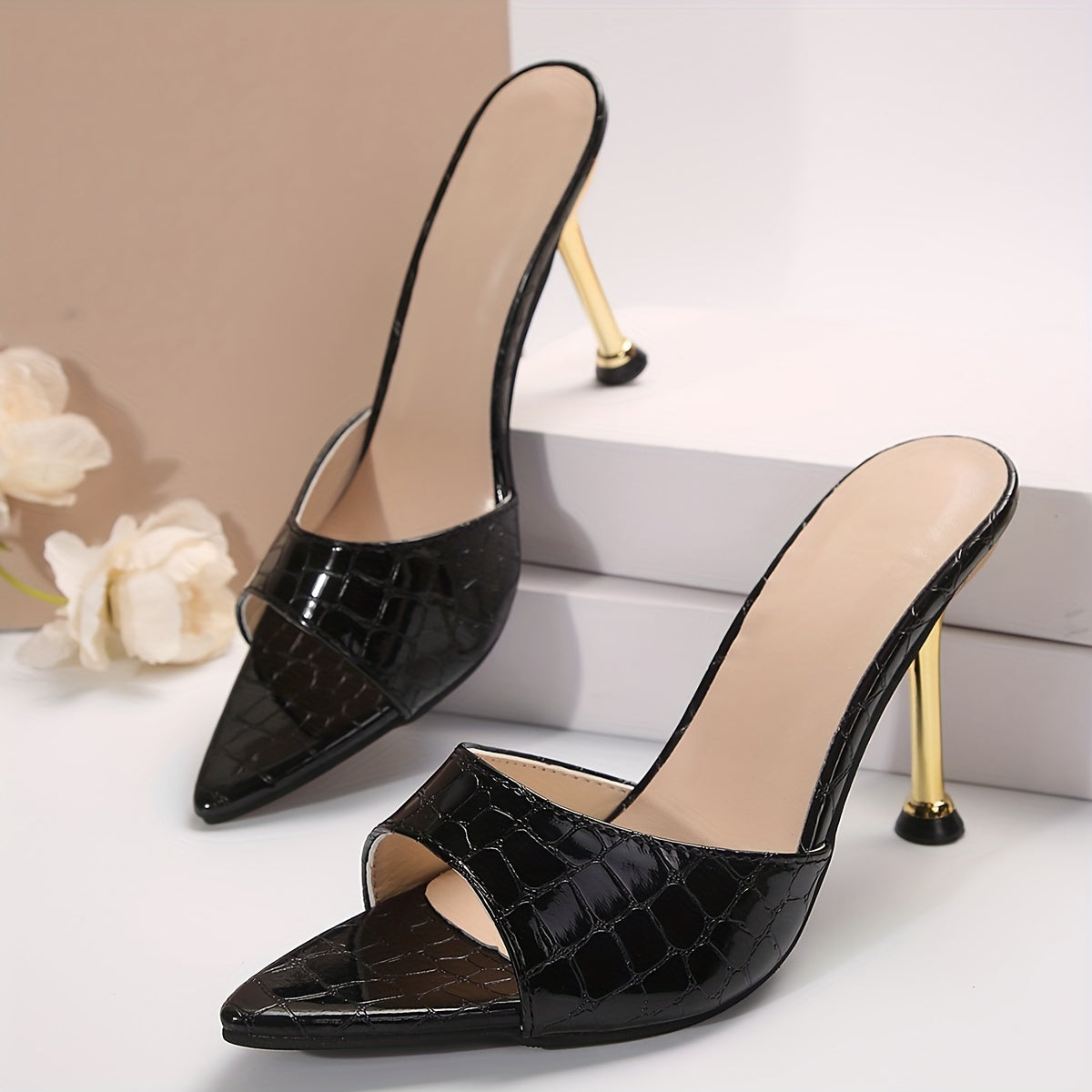 Women's Crocodile Pattern Thin High Heels - Pointy Peep Toe Slip On Stiletto Sandals - Fashionable, Comfortable - For Parties & Banquets - Perfect Gift for Women