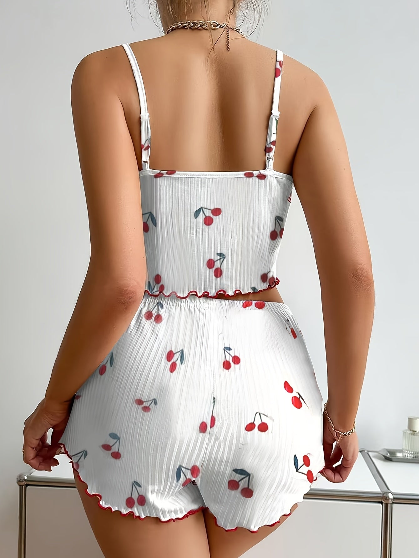 Charming Women's Heart Print Cami & Shorts Set – Cute Red & White Summer Knit Outfit with Bow Detail, Stretchy Polyester Blend