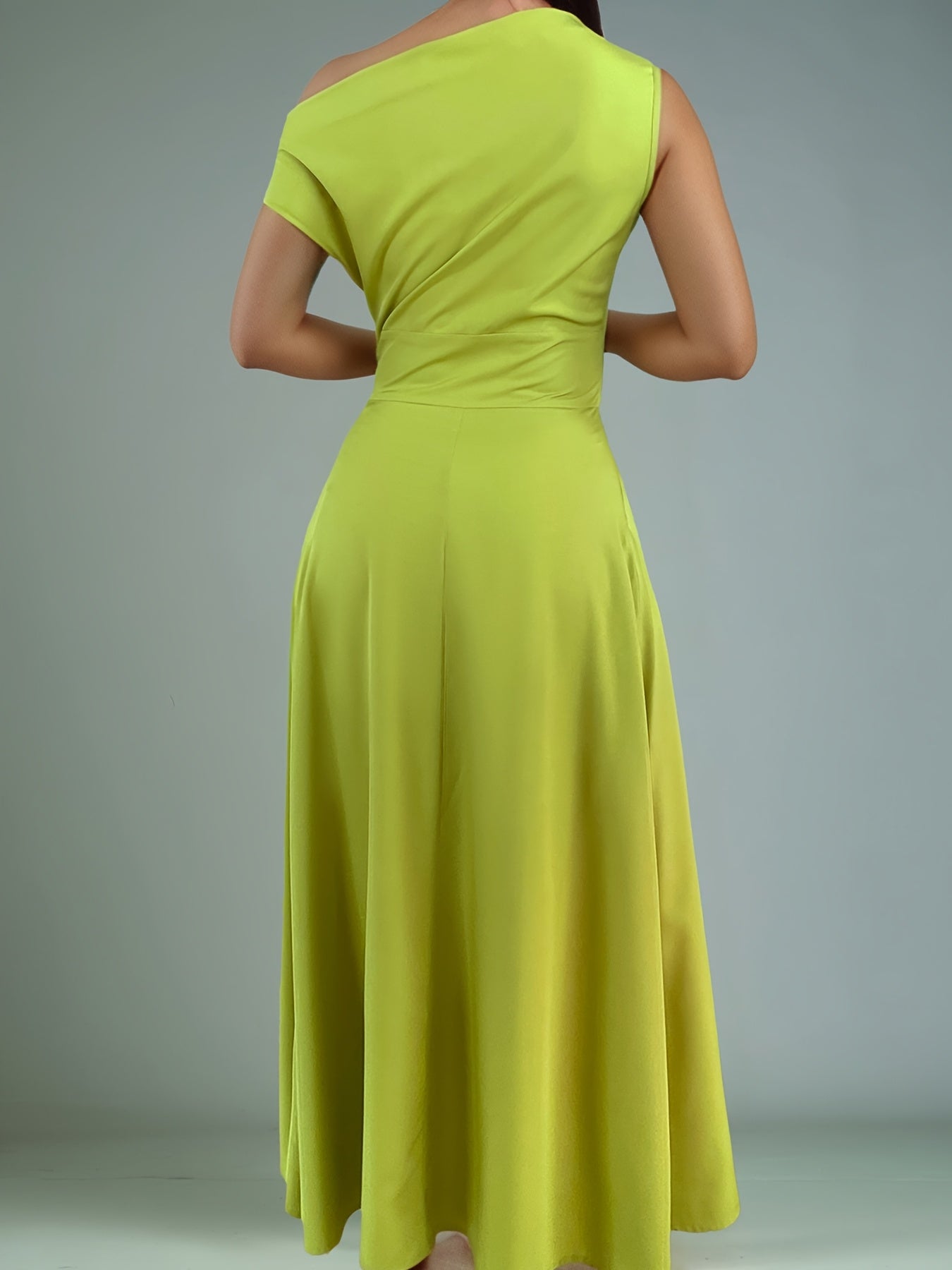 Elegant Off-Shoulder Lime Green Maxi Dress with Front Slit and Tie Waist - Long Sleeve, Polyester Blend, Sophisticated Knot Detail for Women
