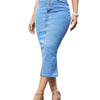 High Waist Denim Skirt, Knee Length, Side Slit Hem, Elastic Denim Skirt - Women's Denim & Clothing - For Women - Suitable for Casual & Party Occasions - Perfect Gift for Fashionable Ladies