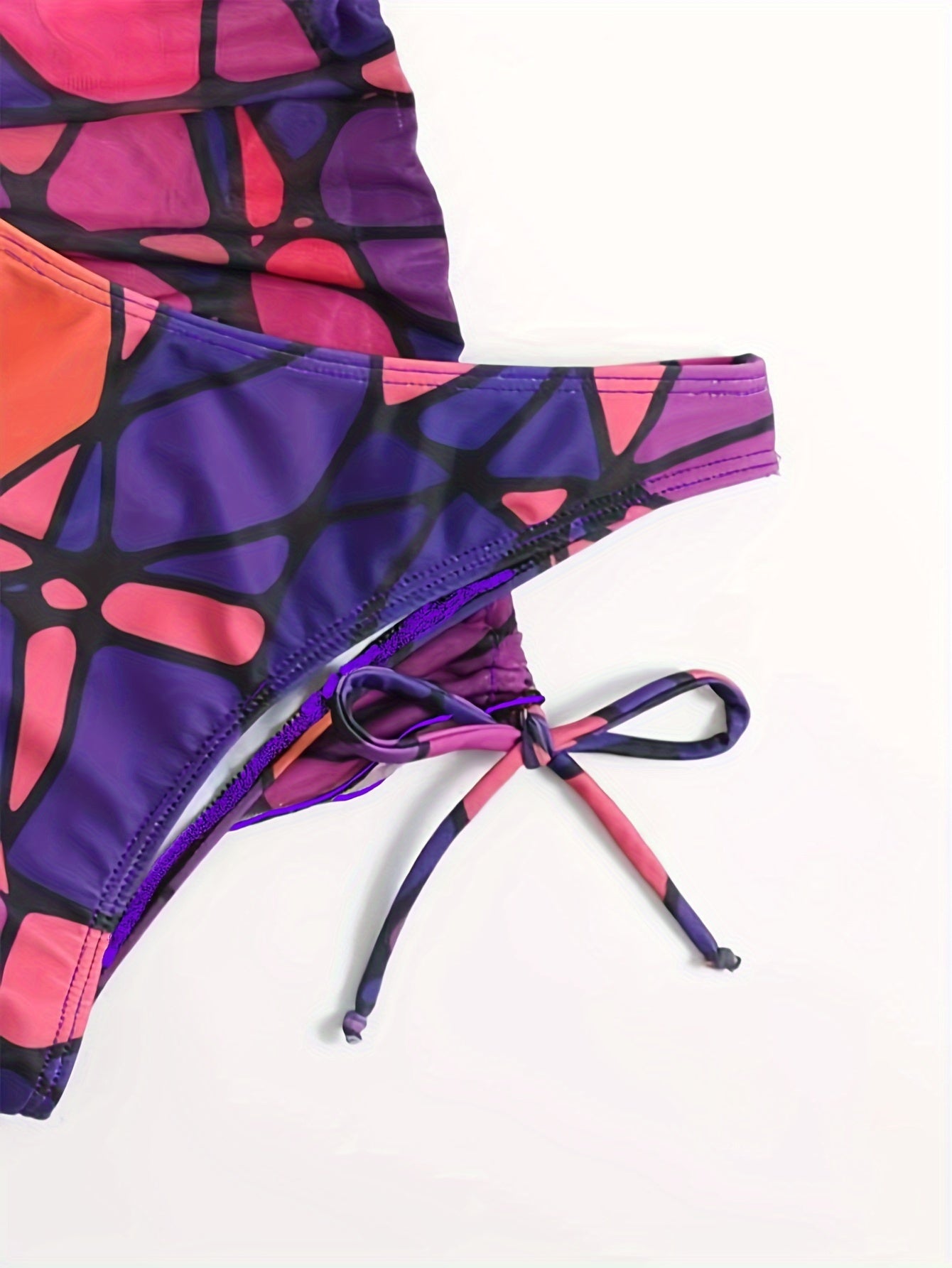 Geometric Print Color Block 3 Piece Set Swimsuit With Stylish Headband, Halter Tie Neck Triangle Bikini & Drawstring Wrap Cover Up Skirt Swimsuit For Beach Pool Bathing, Women's Swimwear & Clothing