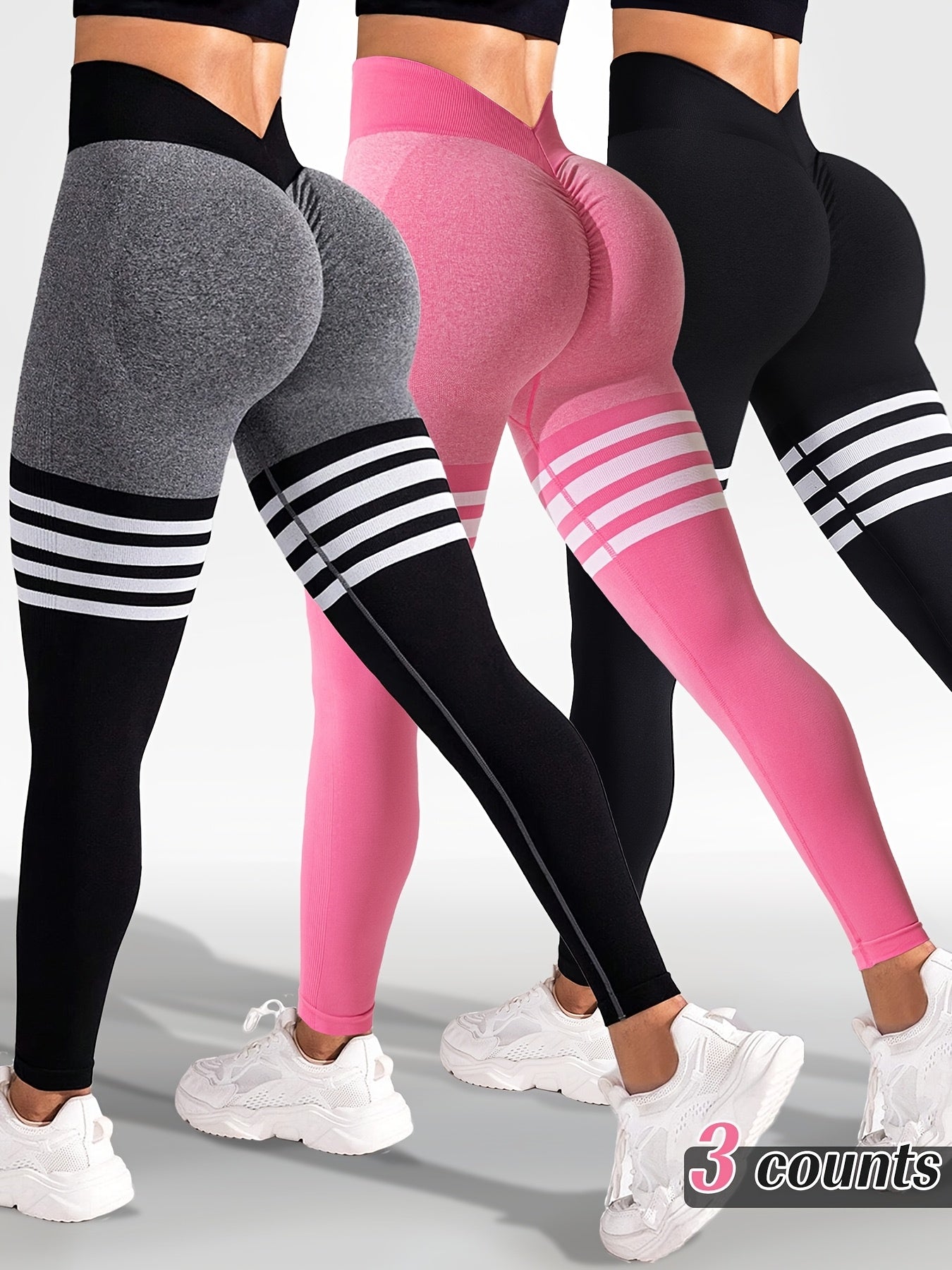 3-Pack Women'S Seamless High Elasticity Sports Yoga Tights, Sports Tights with Compressive Fit and Fashionable Color-Block Stripes, for Exercise and Gym Use
