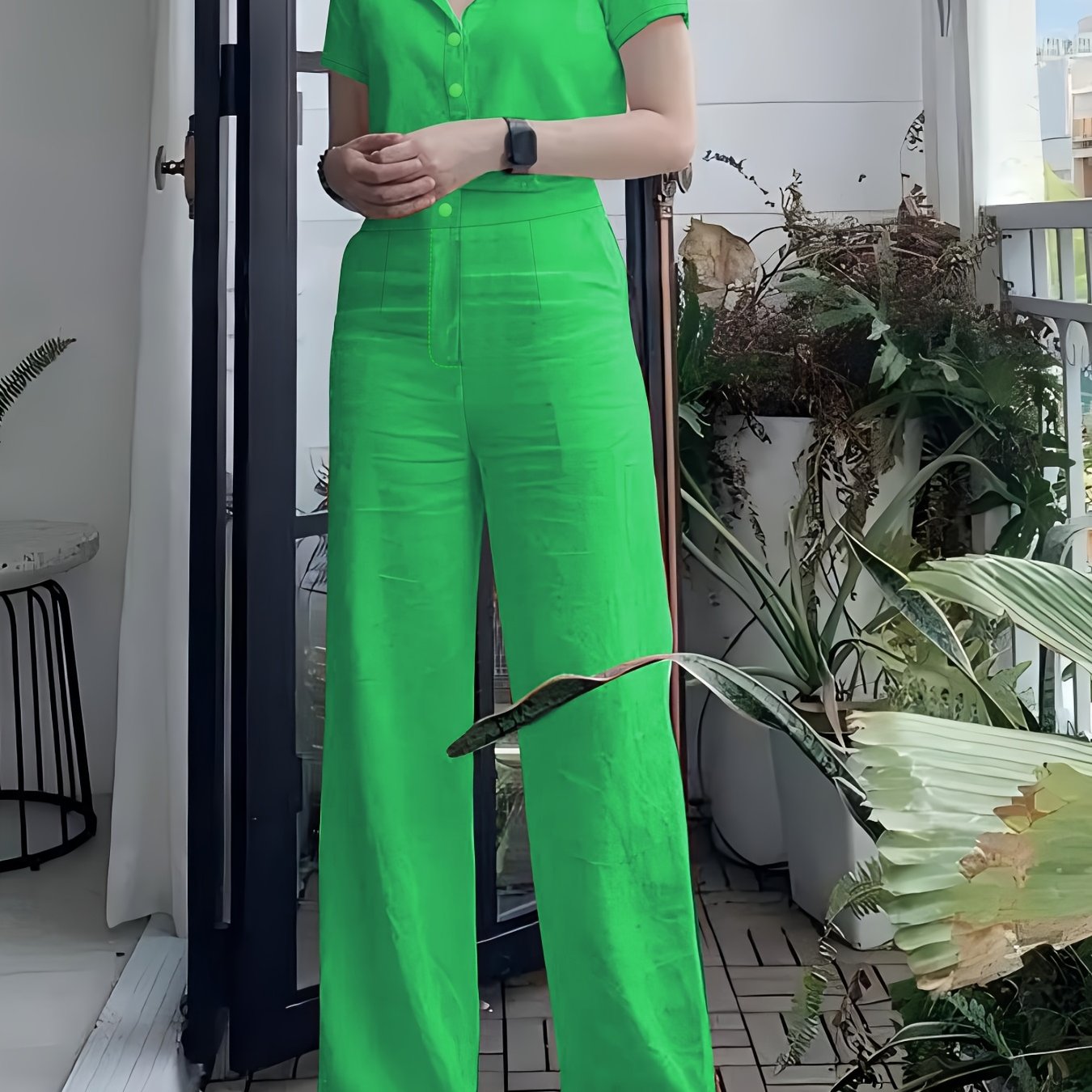 Women'S Solid Color Short Sleeve Shirt and Long Pants Elegant Two-Piece Set