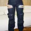 Women's Rhinestone-Embellished High-Rise Stretch Cargo Jeans with Cut-Out Details & Multiple Utility Pockets - Edgy Sexy Casual Denim Pants for Festivals, Parties, Weekend Outings (Spring/Summer/Fall), Party Jeans | Utility J