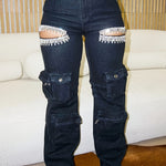 Women's Rhinestone-Embellished High-Rise Stretch Cargo Jeans with Cut-Out Details & Multiple Utility Pockets - Edgy Sexy Casual Denim Pants for Festivals, Parties, Weekend Outings (Spring/Summer/Fall), Party Jeans | Utility J