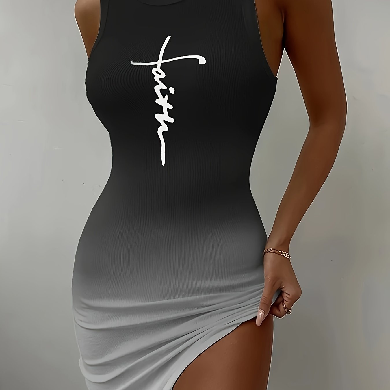 Chic Gradient Print Bodycon Dress for Women - Sexy Sleeveless, Round Neck, Stretch Polyester Fabric - Perfect for Spring & Summer