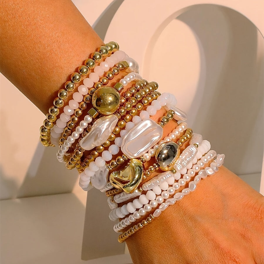 15pcs Women's Irregular Bead Bracelets - 14K Gold Plated, Imitation Pearl & Acrylic Beads - All Season Essentials | Fashionable Design | Versatile Accessory