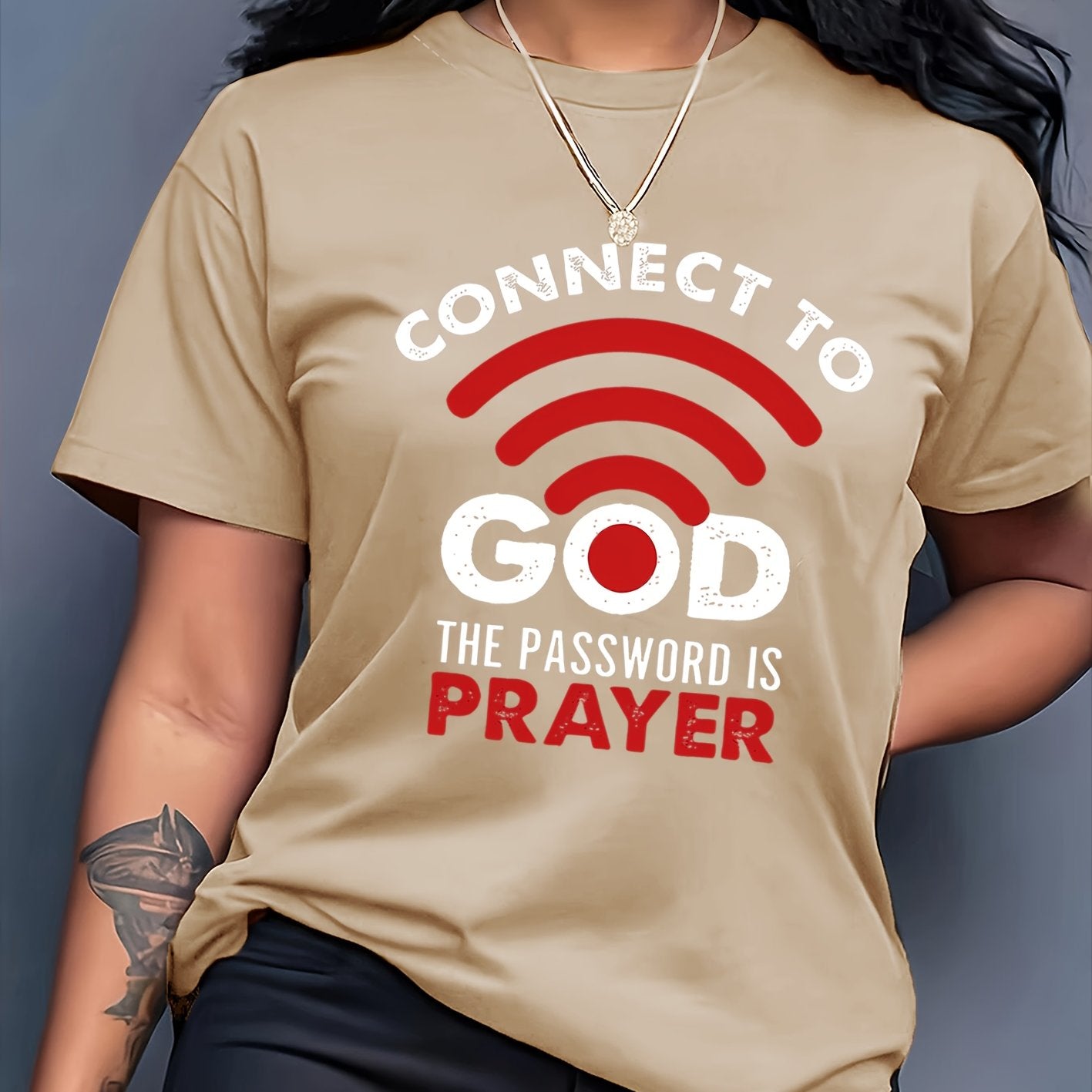 Women'S Casual Crew Neck T-Shirt with "Connect to God, The Password is Prayer" Print, Polyester 100%, Knit Fabric, 180g/m², All Seasons