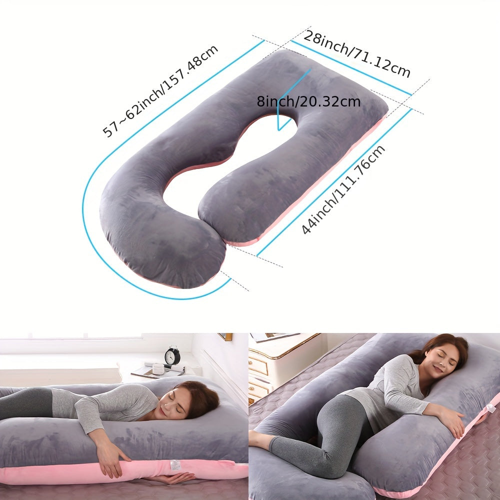 62 Inch J-Shaped Body Pillow with Removable Velvet Cover - Machine Washable Medium-Soft Support Pillow for Full-Body Comfort, White Home & Bedroom Essential, Pillows for Sleeping