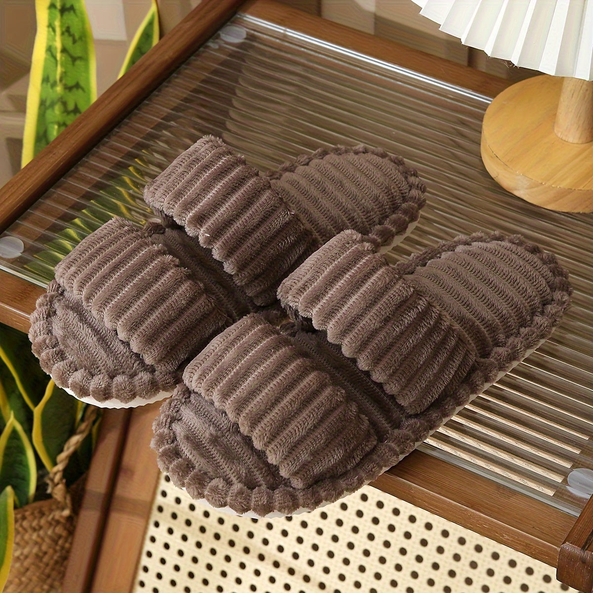 Elegant Women's Plush Slippers with Warm Lining - Striped Open Toe, Non-Slip EVA Sole, Cozy Indoor Comfort