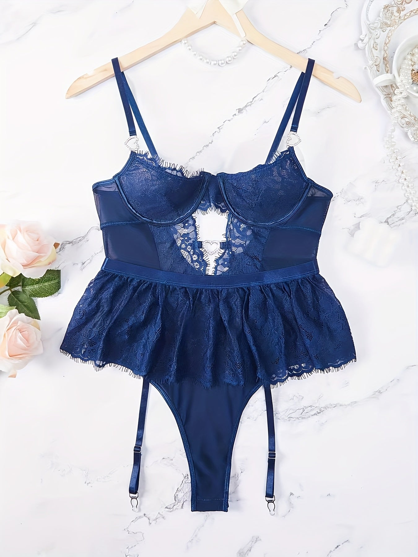 Sexy Temptation Lace Embroidery Valentine's Day One-piece Erotic Underwear Set European And American Large Size Lace Suspender High-end Women's Erotic Underwear