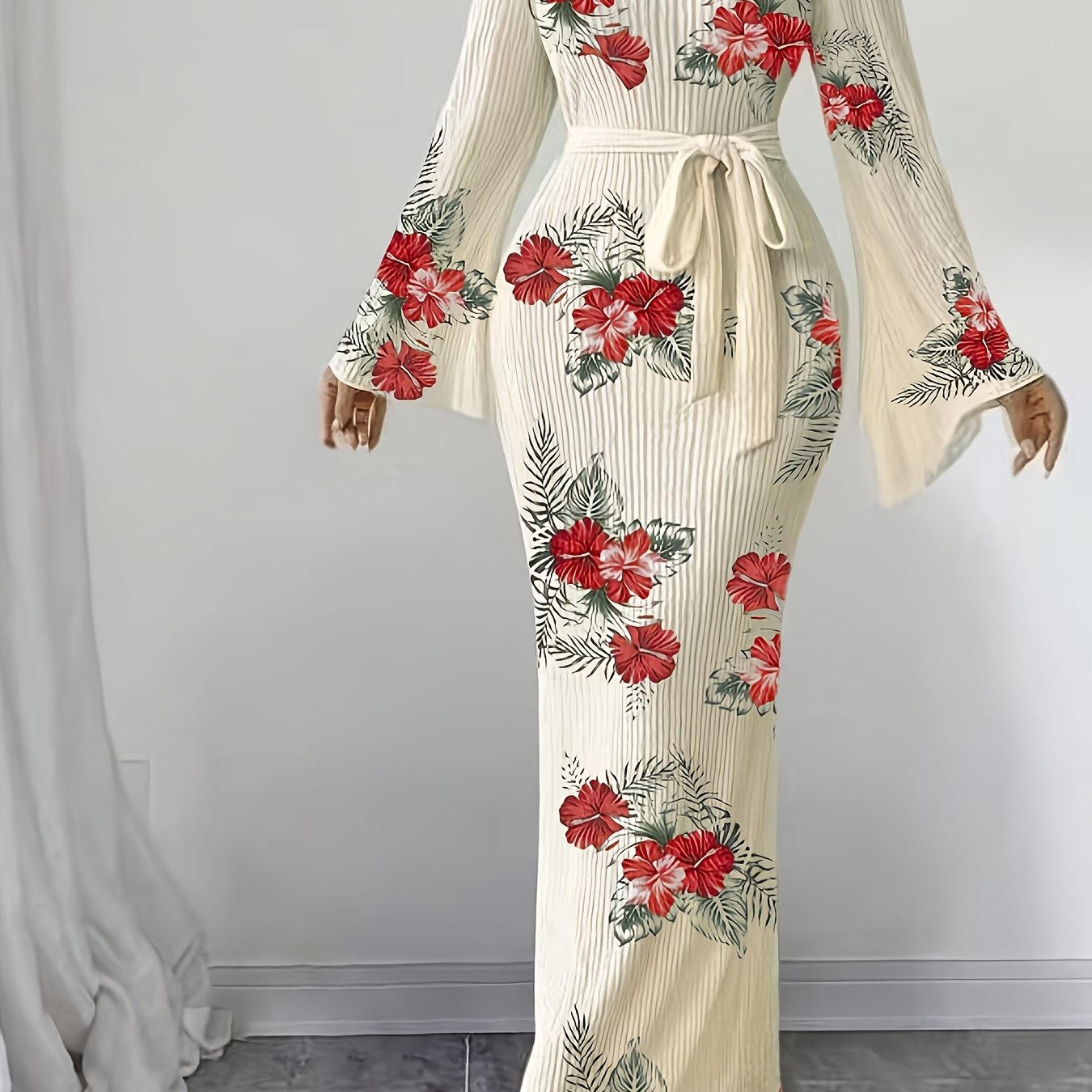 Elegant Women's Floral Maxi Dress with Pleated Fabric - Flared Long Sleeves, Round Neck, Belted Waist, Ribbed Detail - Polyester, Non-Sheer - Perfect for Fall/Winter, Stylish Layering Piece|Pleated Fabric Gown|Polyester Dress