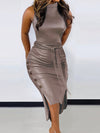 Elegant Sleeveless Midi Dress with Belt - Women’s Asymmetrical Hem, Round Neck, Brown Bodycon Pencil Skirt Style, Spring & Summer Fashion