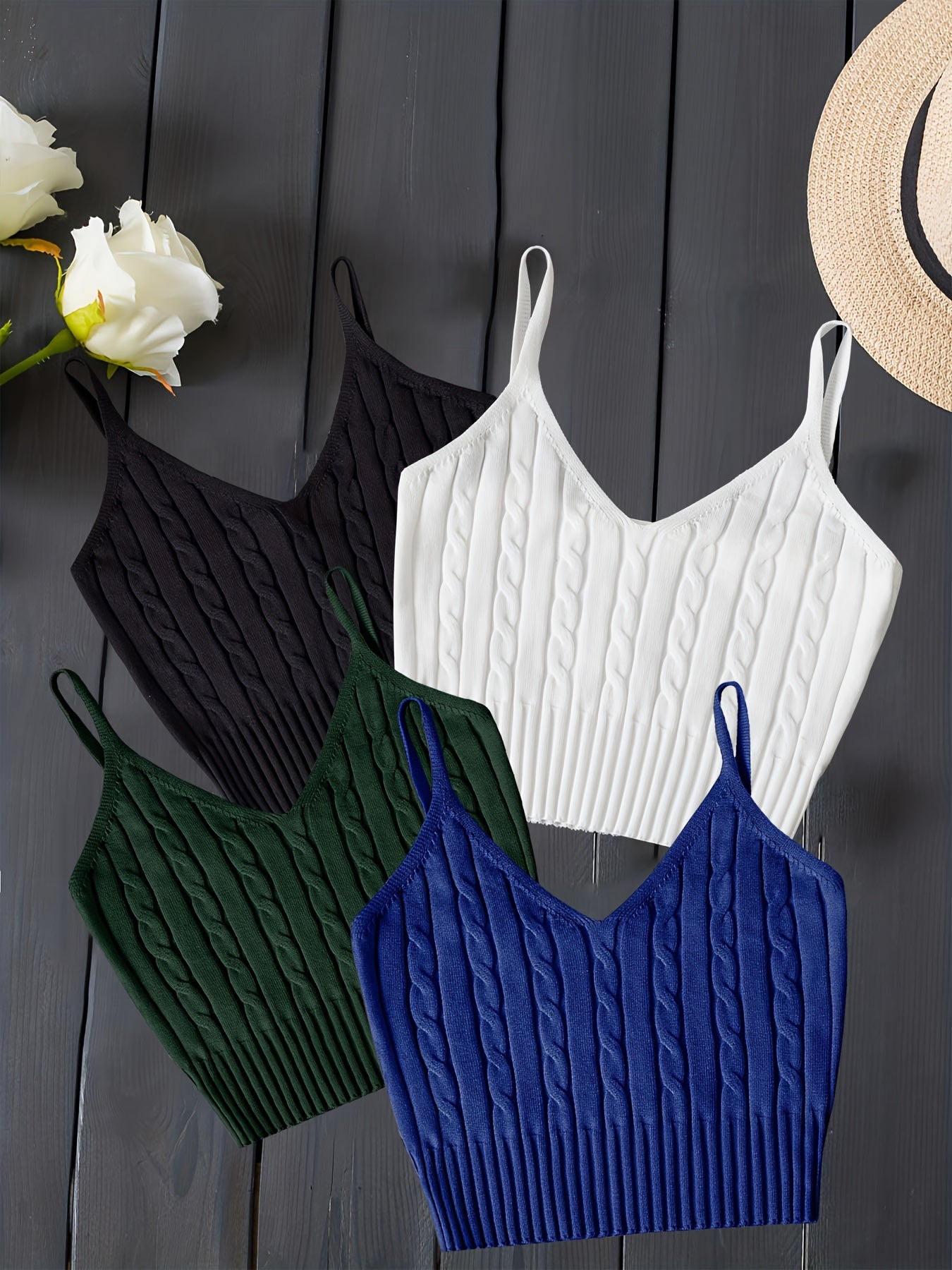 Valentine's Day 4 Packs Cable Knit Cami Tops, Versatile Crop V Neck Summer Sleeveless Cami Tops, Women's Clothing