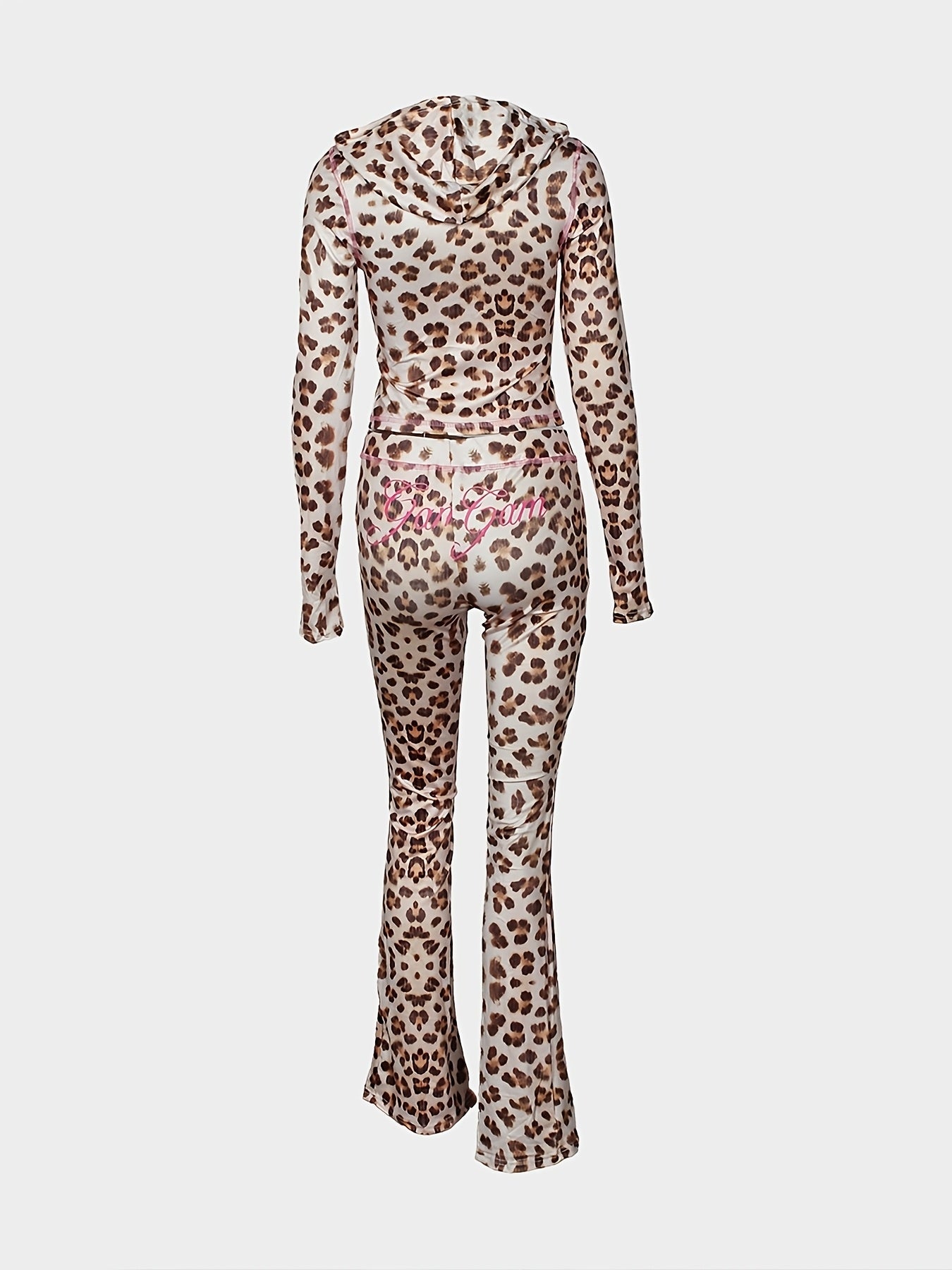 Siliki 2024 Fall All-in-One Sexy Leopard Print Hooded Long-Sleeve Cardigan Top and Pants Suit - Casual Style with Zipper Detail, Polyester Blend, Casual Attire|Leopard Print Suit|Zippered Hoodie, Leopard Print Clothing