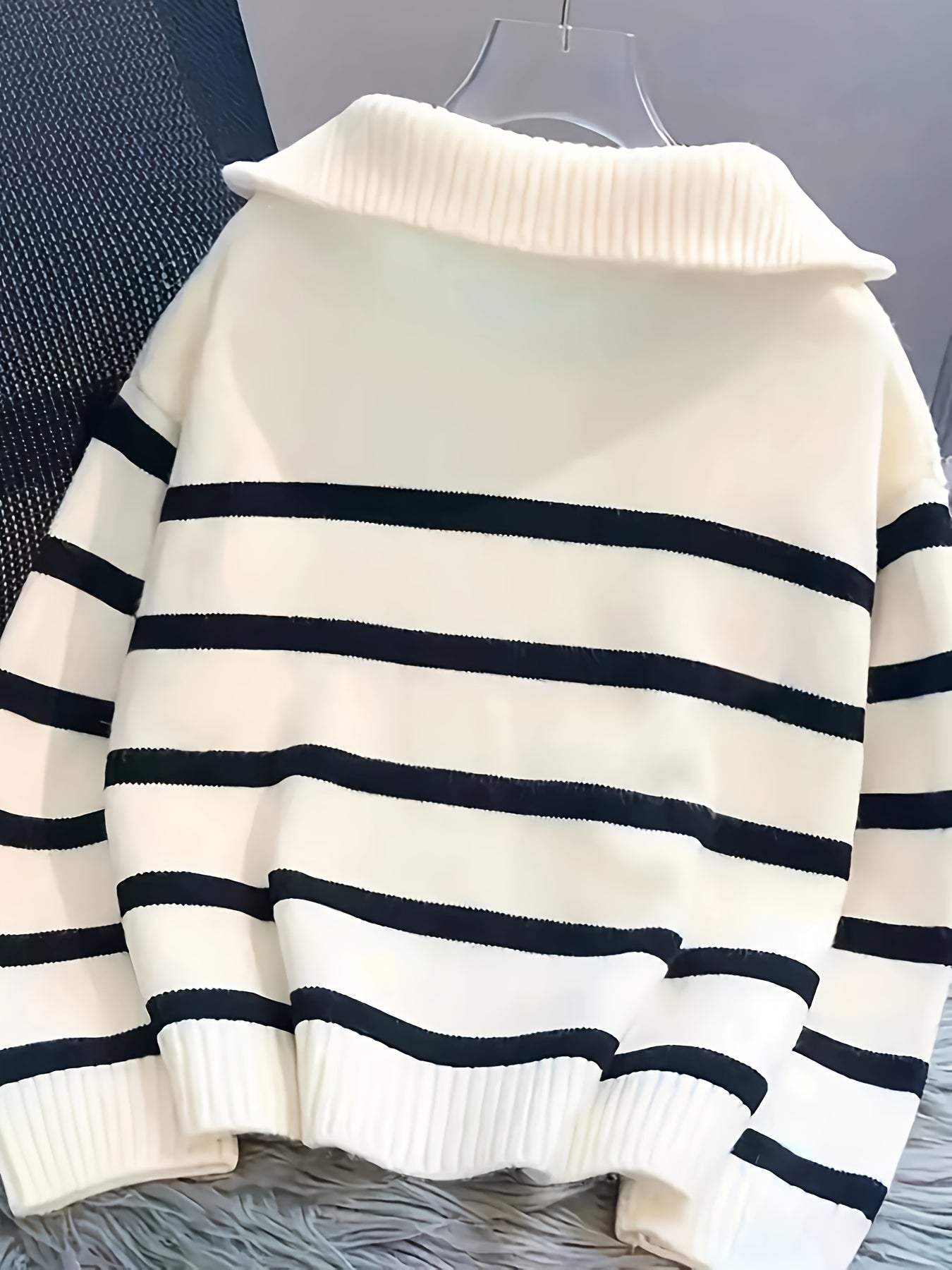 Long Sleeve Black & White Striped Polyester Knit Hooded Sweater - Women's Casual Zip-Up Pullover with Ribbed Detail, Perfect for All Seasons