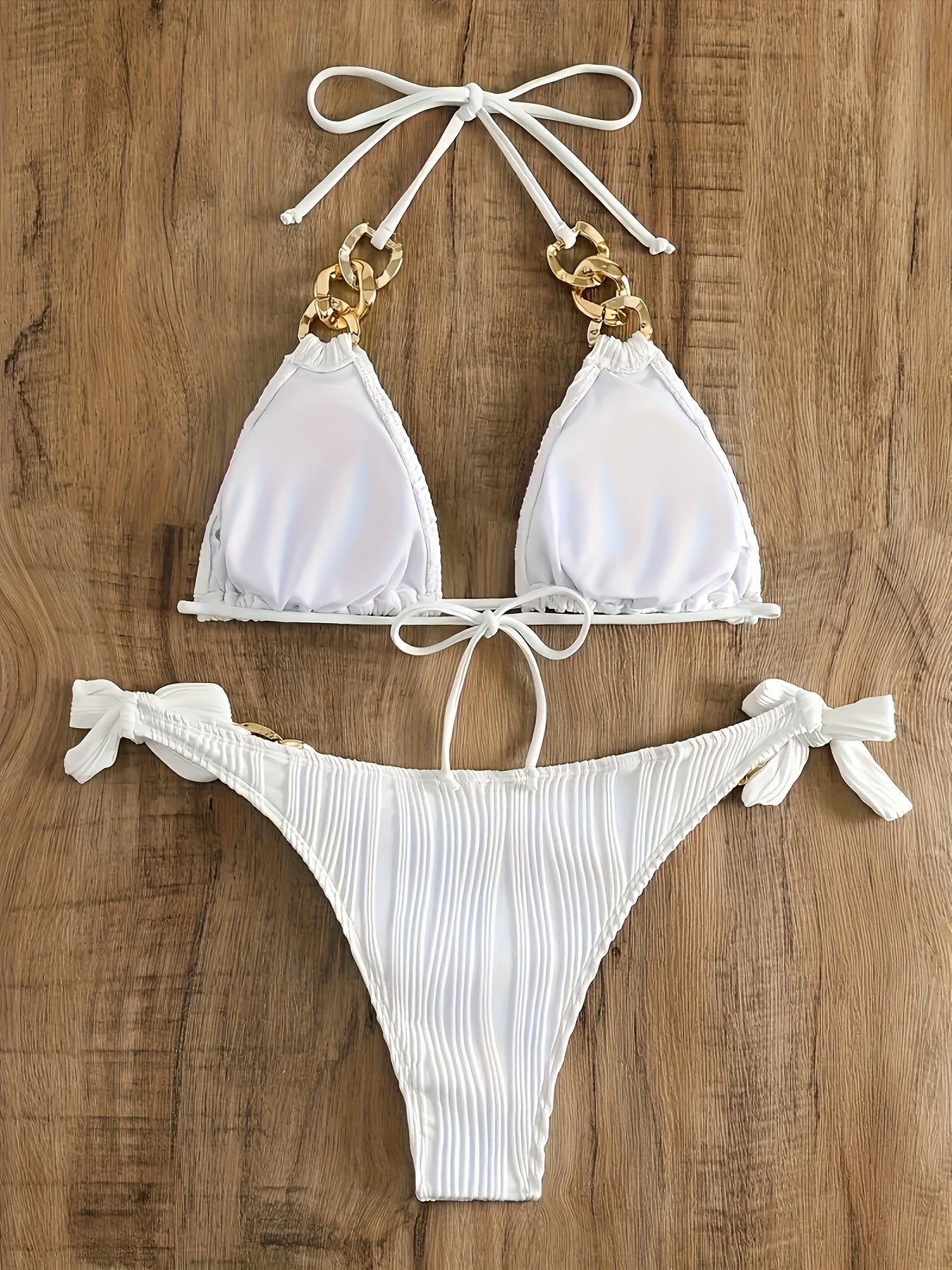Golden Chain Link Charming Halter Neck 2pcs Bikini Set with Bow Side Triangle Tie-Neck Swimsuit, Women's Swimwear and Apparel