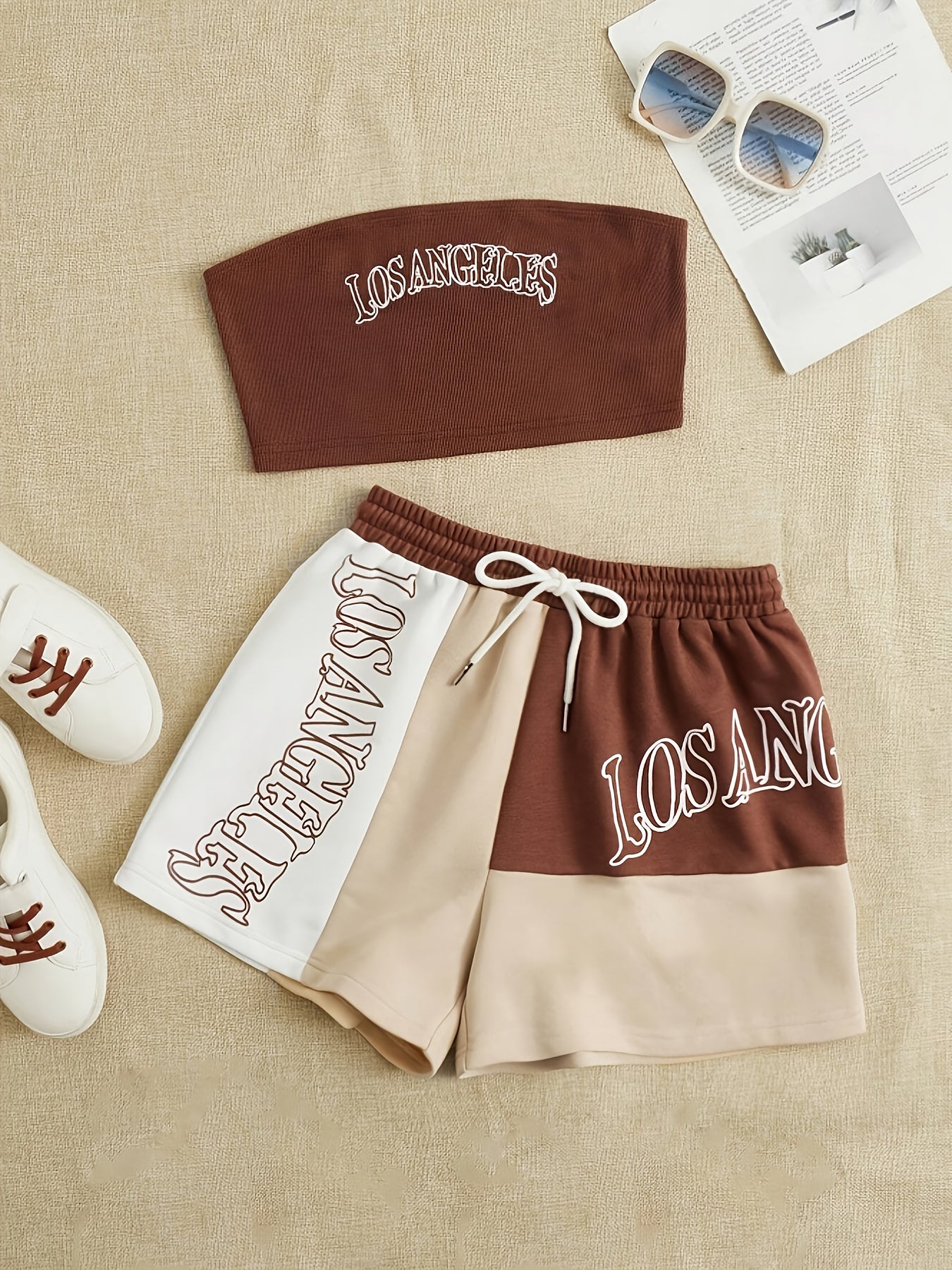 Women'S Stylish Casual Printed Color-Blocked Shorts And Strapless Two-Piece Set