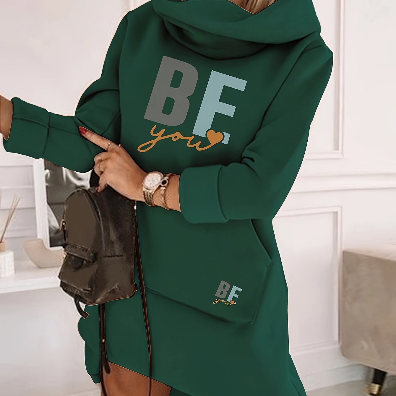 Women's Fashion Hooded Tunic Dress, 100% Polyester Knit Fabric, Geometric Pattern, Applique Detail, for Spring/Summer/Fall