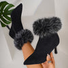 Warm & Comfortable Pointed Toe Stiletto Ankle Boots - Elegant Women's with Faux Fur Trim, Side Zipper for All Seasons