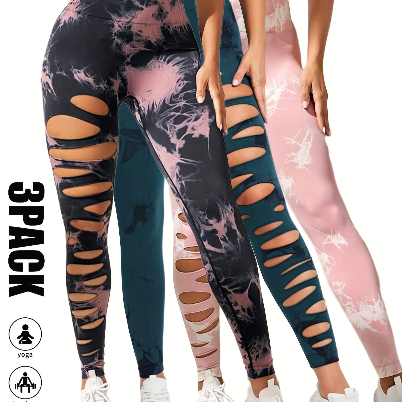 [3 Pack High Waist Yoga Leggings] 3 Pack Women's Tie Dye Cutout Tights High Waist Workout Yoga Leggings, Scrunch Butt Lifting Elastic Pants, Womens High Waist Yoga Pants Cutout Ripped Tummy Control Workout Running Yoga Skinny