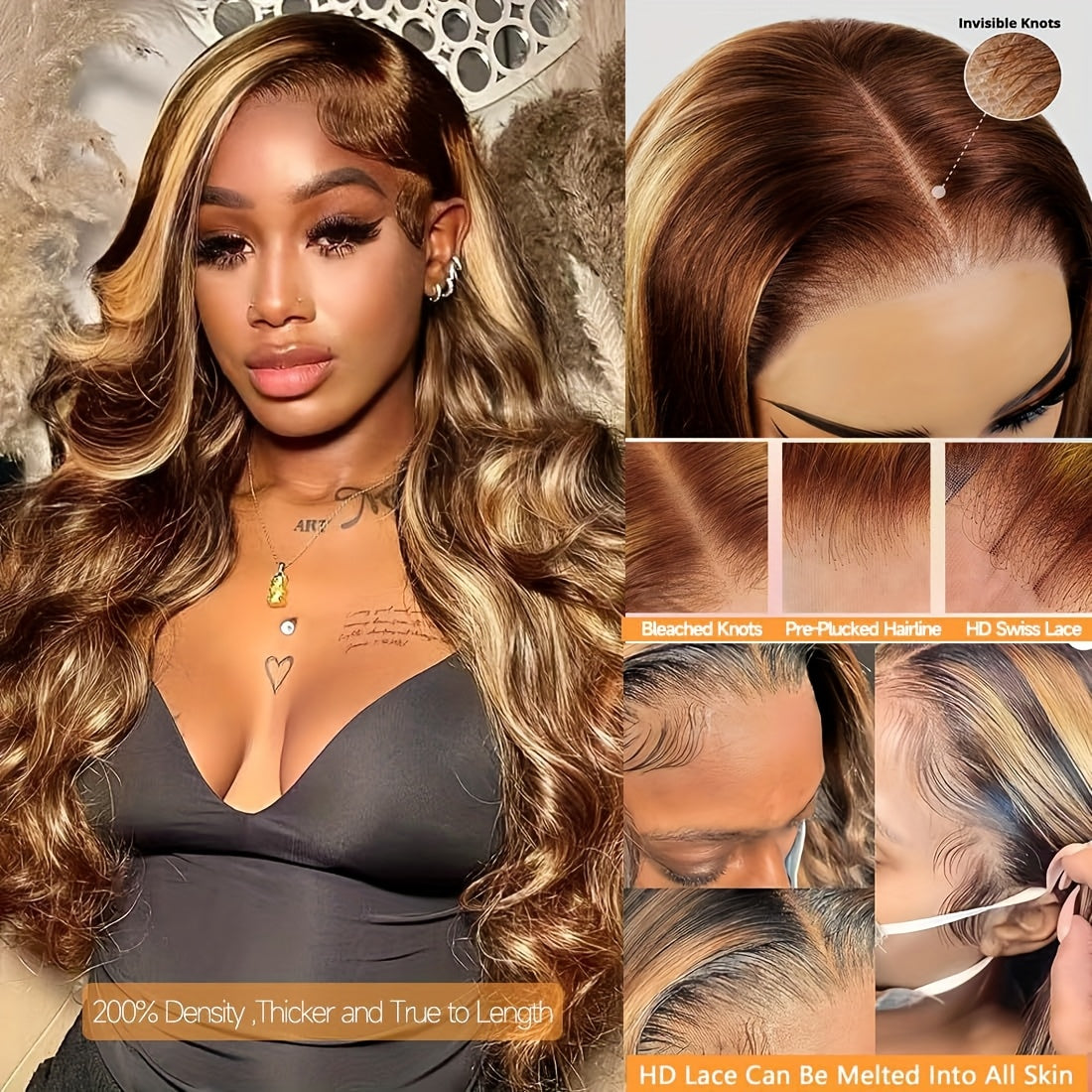 Ombre Lace Front Wig Human Hair Realistic 13x4 Frontal Pre-Plucked Body Wave 200% Density P4/27 Highlights for Women - Natural Look & Versatile Styling, Styling Versatility | Sporty Style Wig | Easy Styling Wig, Wig Accessori