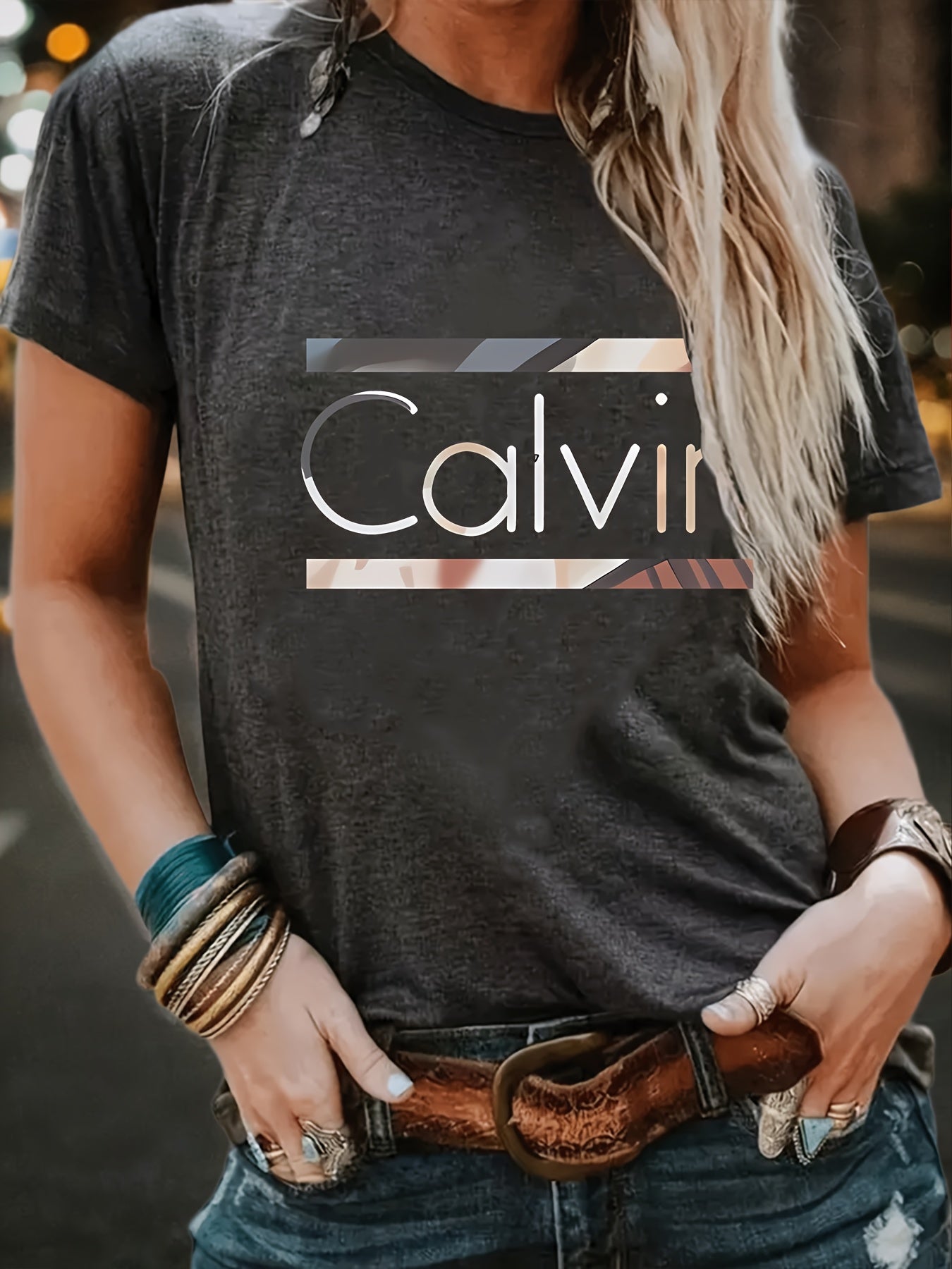 1pc Calvin Women's Graphic Tee - Soft Polyester Spandex Blend, Casual Crew Neck Short Sleeve Top in Black with Stylish Letter Print, Comfortable Casual Attire, Everyday Apparel | Trendy Casual Style | Stretchable Top