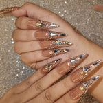 Handcrafted Ultra-Pointed Nude Press-On Nails with Luxurious Large Rhinestones - High-End Elegance, Grandeur & Modern Style for Women | Pure Hand-Set Sparkling Diamonds | Extra-Long Ultra-Durable Design Resists Bending
