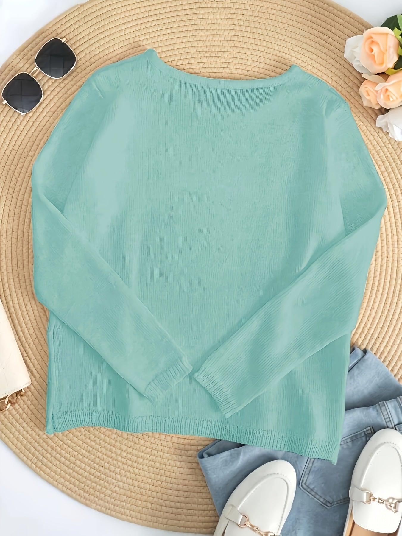 Women's Casual Crew Neck Pullover Sweater, 100% Polyester Knit Fabric, Solid Color, All-Season Comfort