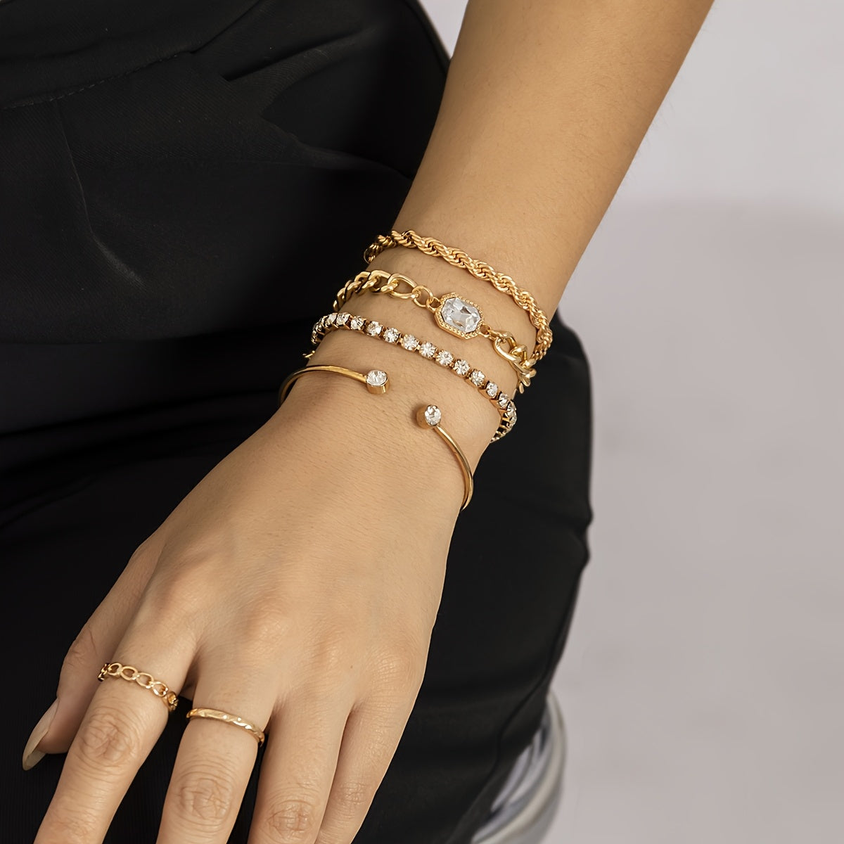 4pcs/Set Elegant Imitation Gemstone Rhinestone Claw Chain Twist Bracelet Open Bangle for Women, Perfect for Vacation & Casual Attire