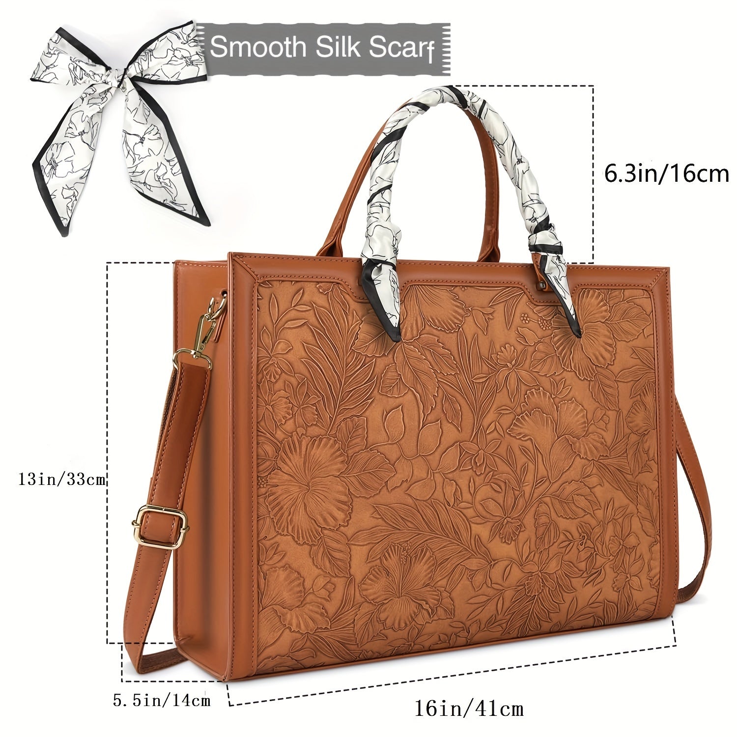 NEWHEY Women's Laptop Briefcase 15.6-inch Laptop Tote High Quality Computer Handbag Business Lightweight Office Briefcase Large Capacity Tote Shoulder Bag with Scarf, Brown
