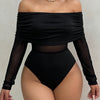 Elegant Off-Shoulder Long Sleeve Knit Bodysuit with Mesh Detail - High Stretch, Solid Black, Ruched Design, Perfect for Fall/Winter Women’s Fashion, Fall Fashion Top | Offshoulder Bodysuit | Nontransparent Fabric