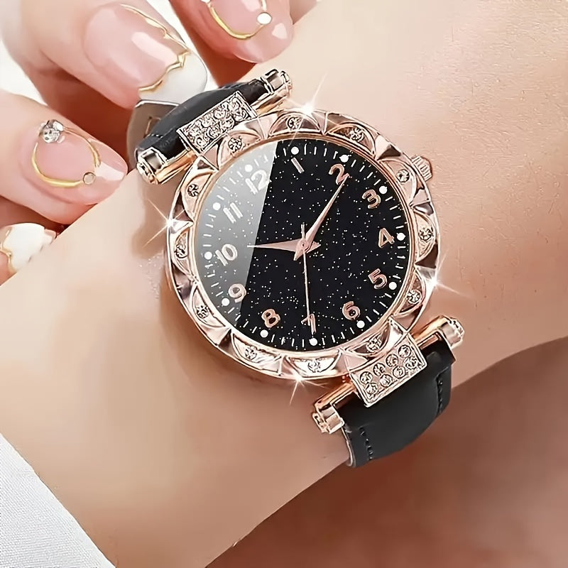 5-Piece Elegant Ladies Quartz Watch and Rhinestone Jewelry Set - Fashionable Glittering Black Starry Sky Dial, Round Case, Analog Display, Durable PU Leather Strap, Zinc Alloy Body, Precision Quartz Movement, Non-Rechargeable