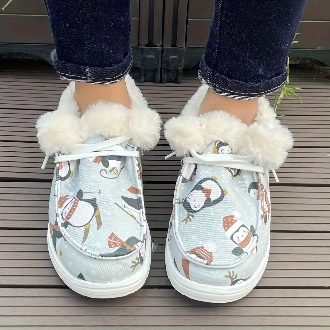 Cozy Penguin Print Slip-On Women's Boots - Soft Sole, Plush Lining for Winter Comfort, Casual Style