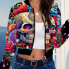 Vibrant Floral & Skull Print Zip-Up Jacket - Long Sleeve, Casual, Spring & Fall Essential, Women's Fashion Clothing with Adjustable Waist and Comfortable Fit
