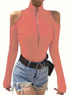 Solid Color Zip Up T-shirt, Elegant Cold Shoulder Long Sleeve Top For Spring & Fall, Women's Clothing