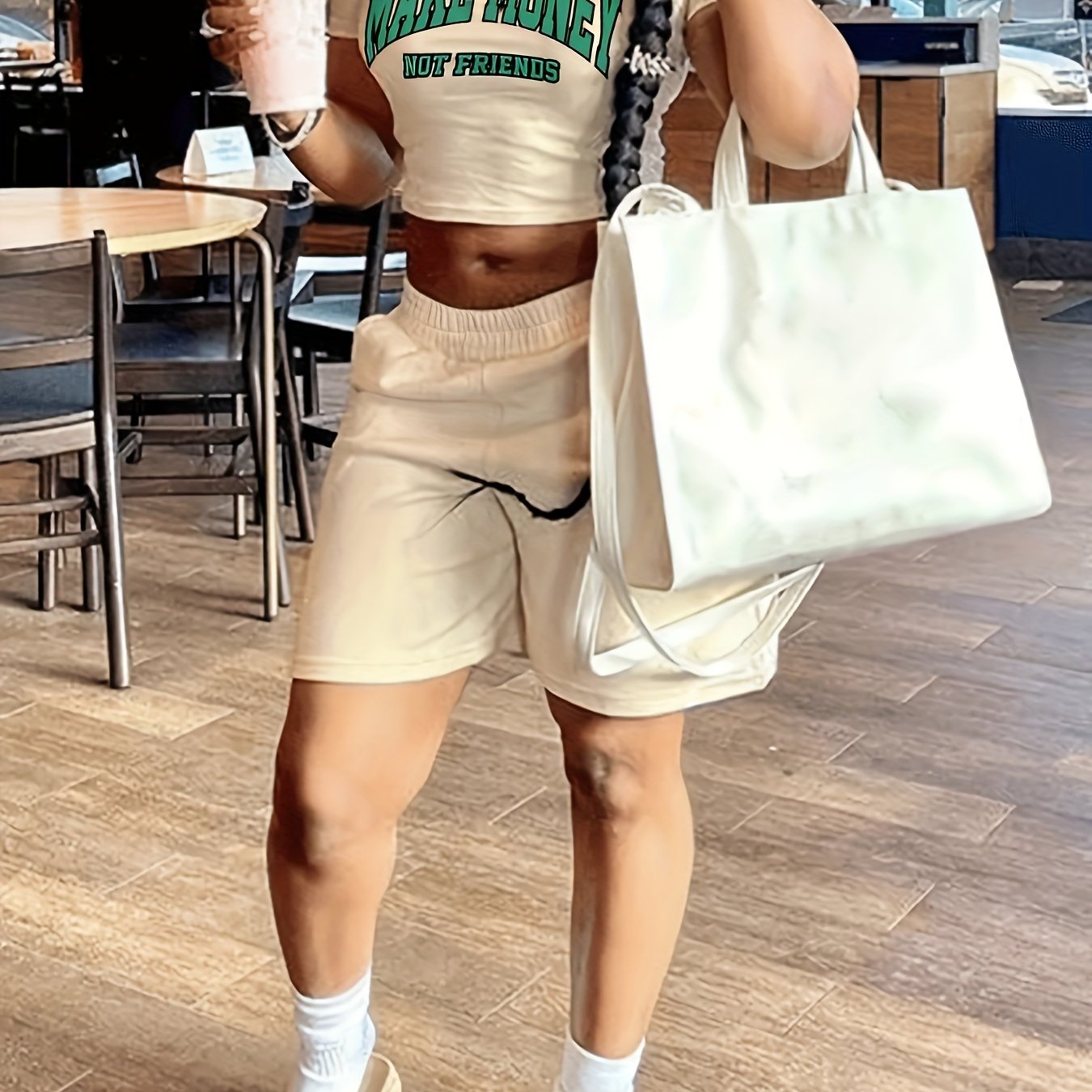 [Two-piece Make Money Print Set] Make Money Print T-shirt & Shorts Two-piece Set, Cropped Short Sleeve T-shirt & Elastic Waist Loose Shorts Set, Women's Clothing
