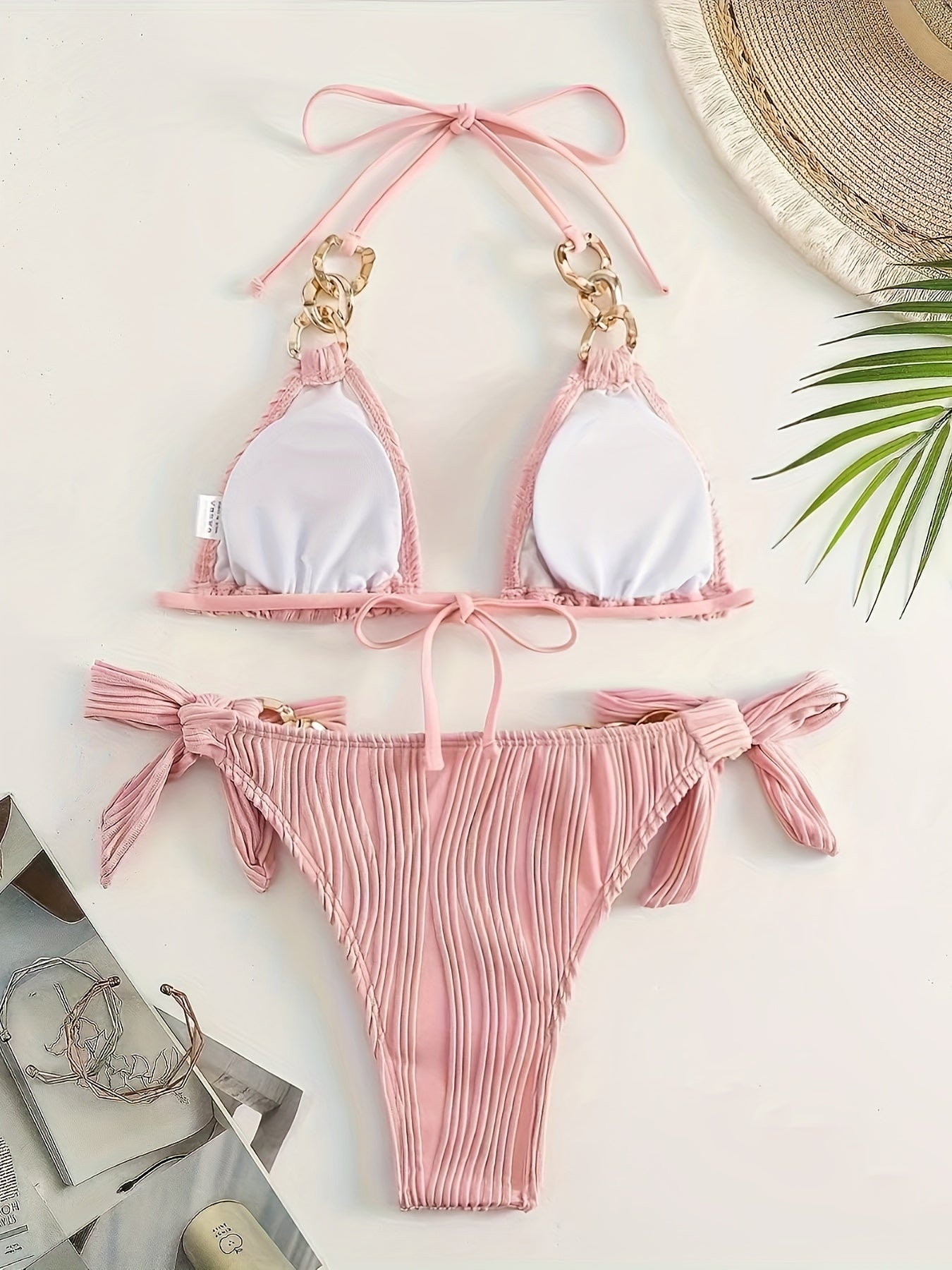 Women's Sexy Bikini Set, Fashion Ruched Fabric With Circle Chain Detail, Tie-Up Swimwear, Two-Piece Triangle Swimsuit