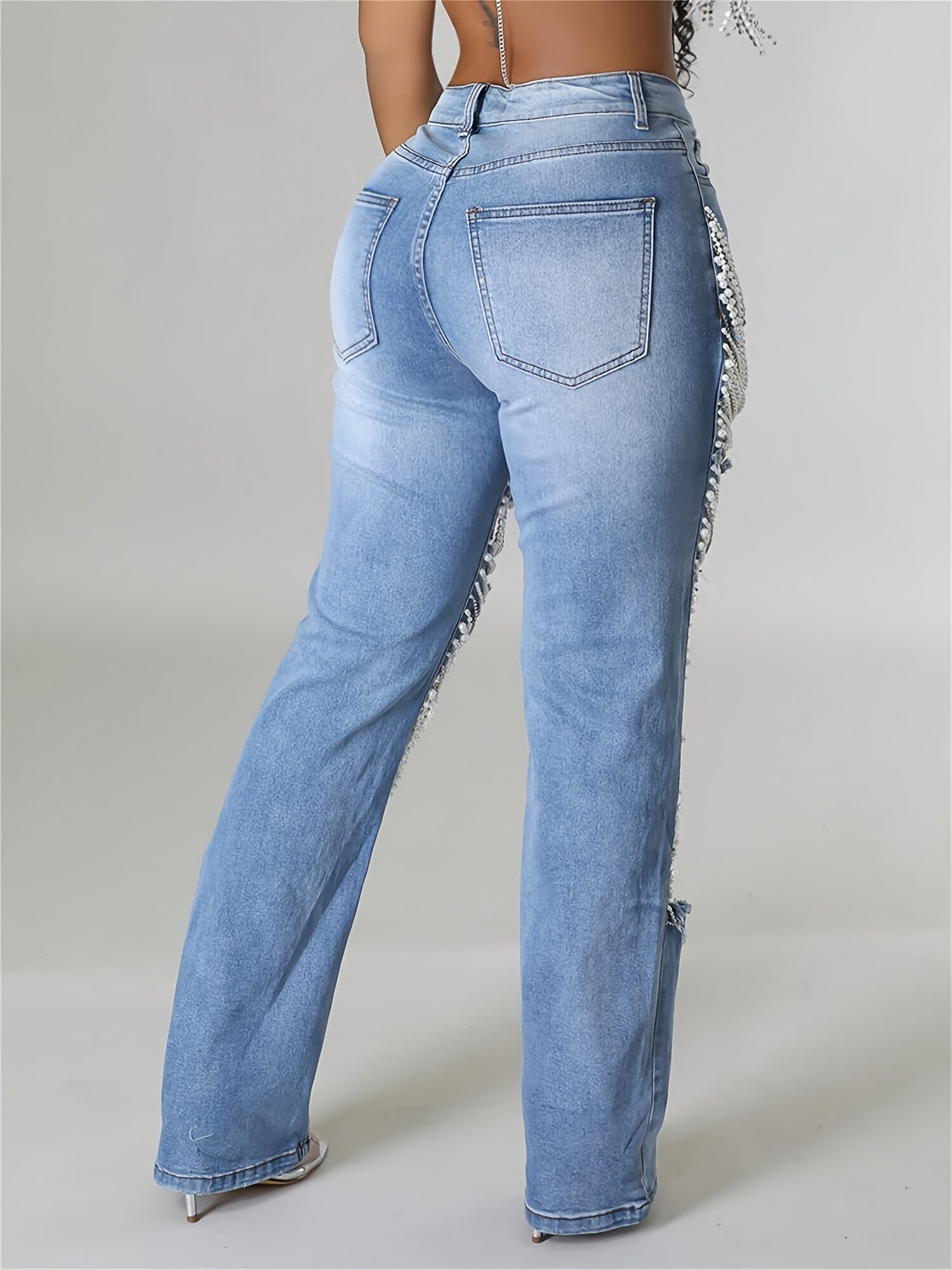 Straight Leg Jeans For Women Mid-Rise Distressed Ripped Hole Pearl Chain Denim Pants