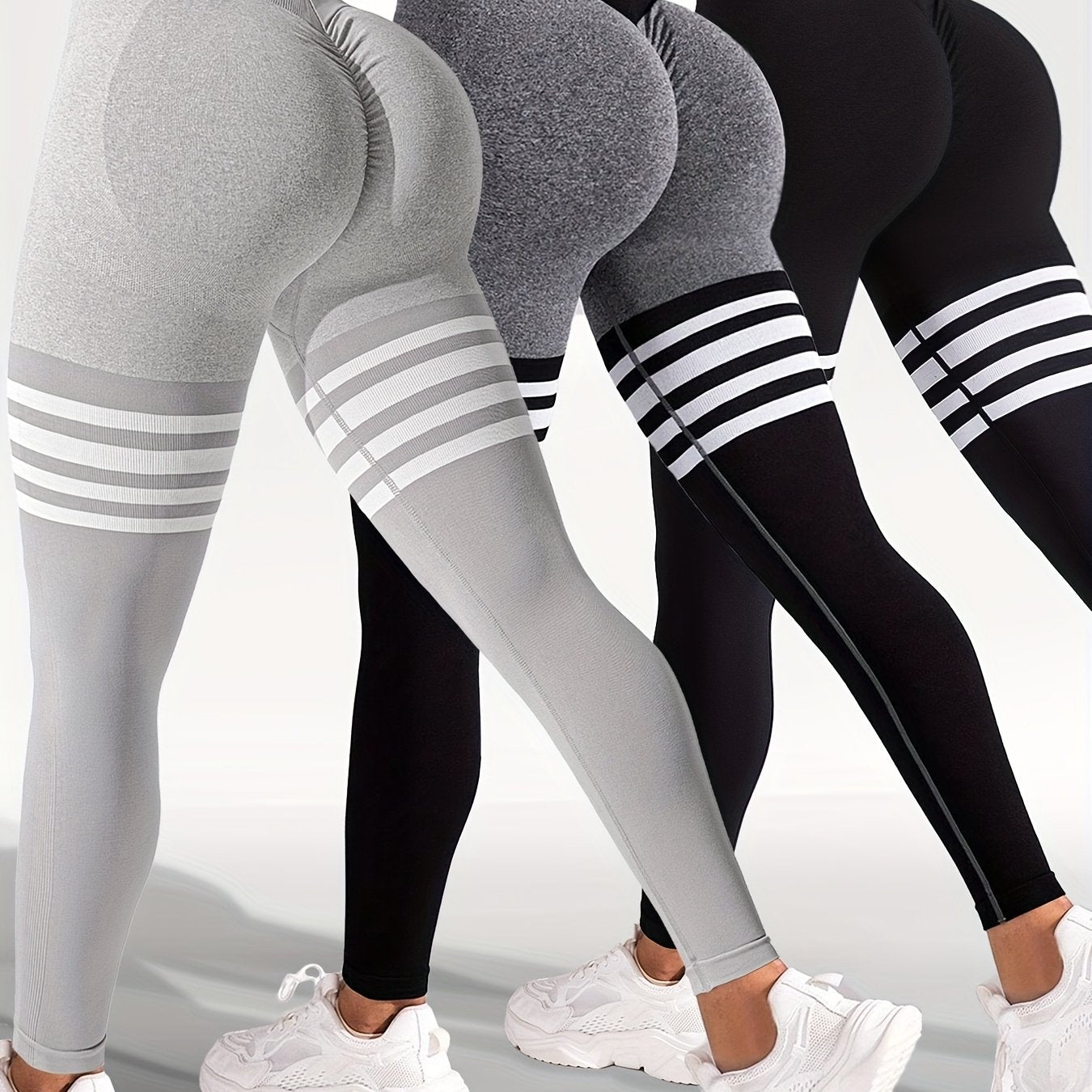 3-Pack Women'S Seamless High Elasticity Sports Yoga Tights, Sports Tights with Compressive Fit and Fashionable Color-Block Stripes, for Exercise and Gym Use